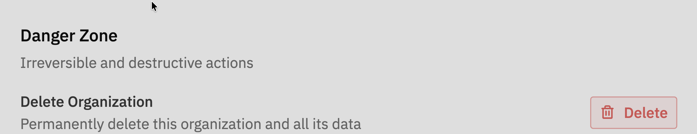 Danger Zone section with Delete Organization button