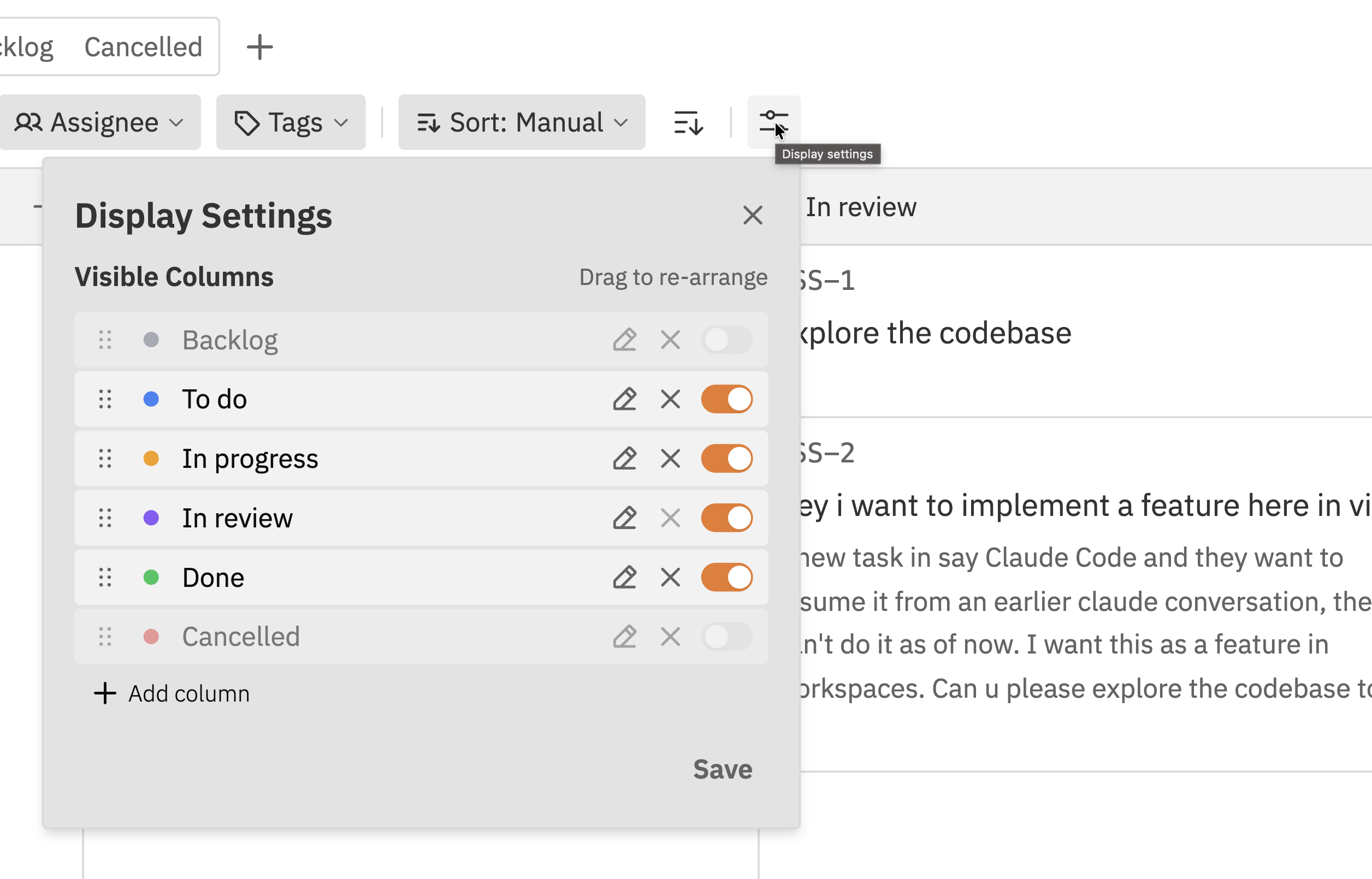 Display Settings panel showing visible columns with toggles