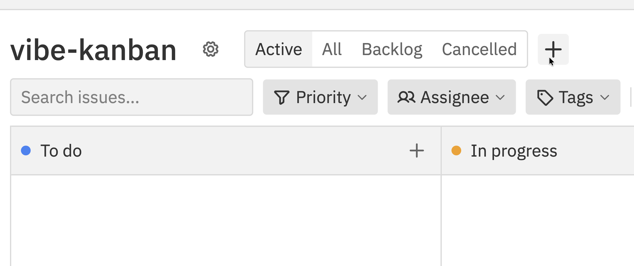 Header showing the + button next to status tabs for creating a new issue