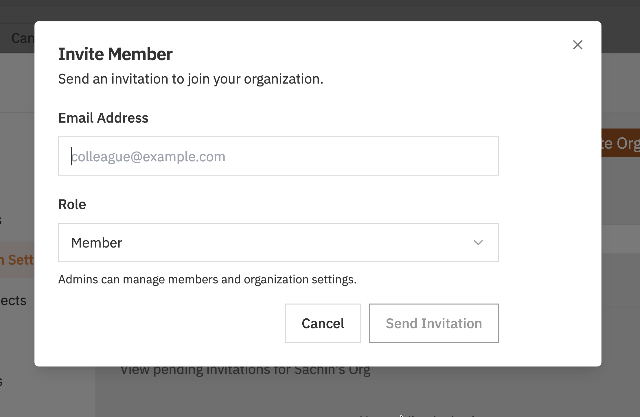 Invite Member dialog with email and role fields