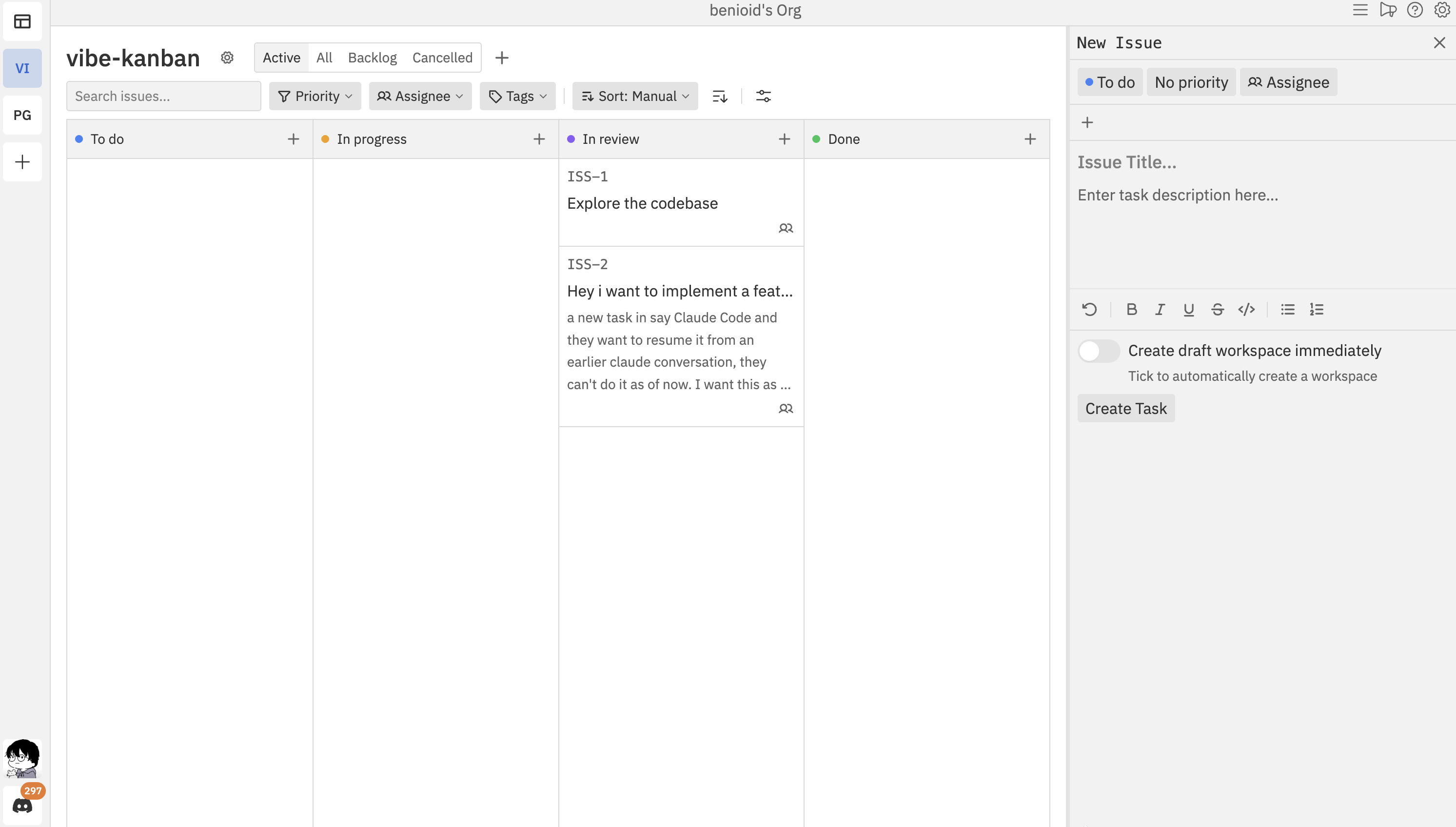 Kanban board with New Issue panel showing issue creation form