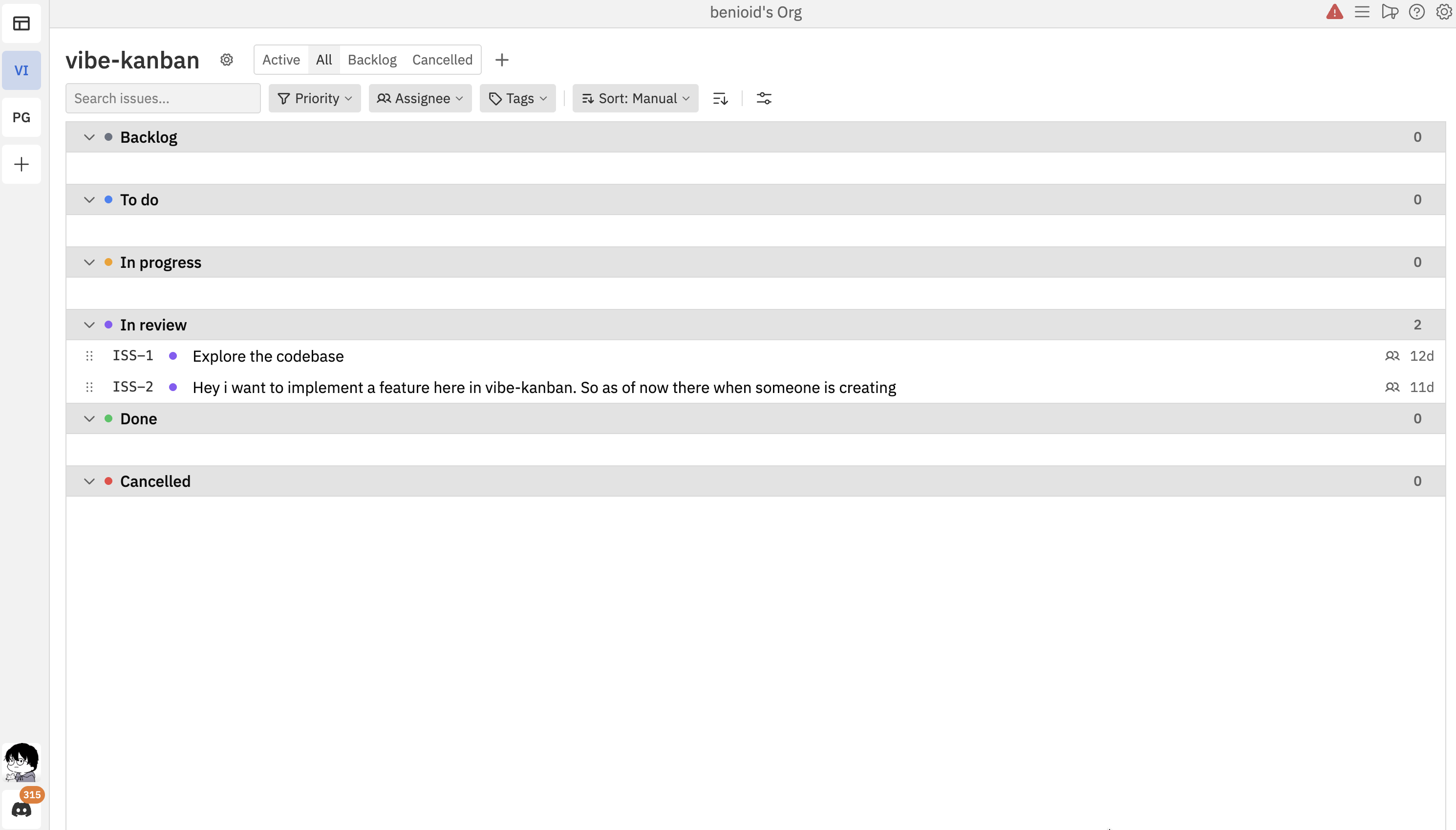 List view showing issues grouped by status