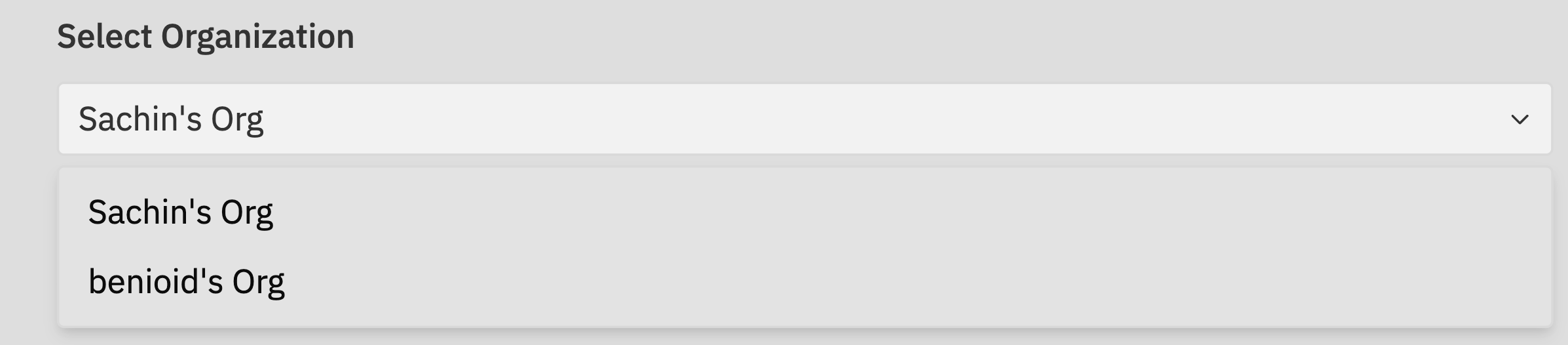 Organization switcher dropdown showing multiple organisations