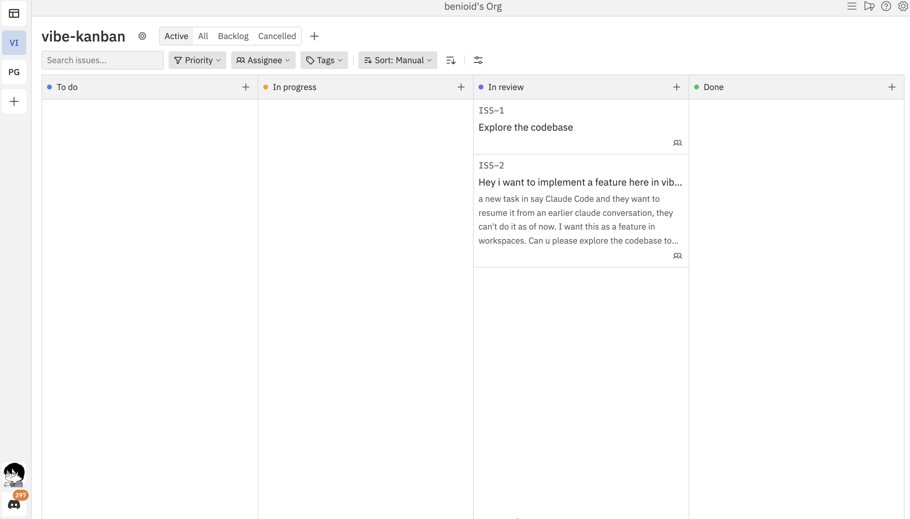 Project kanban board showing columns and issues