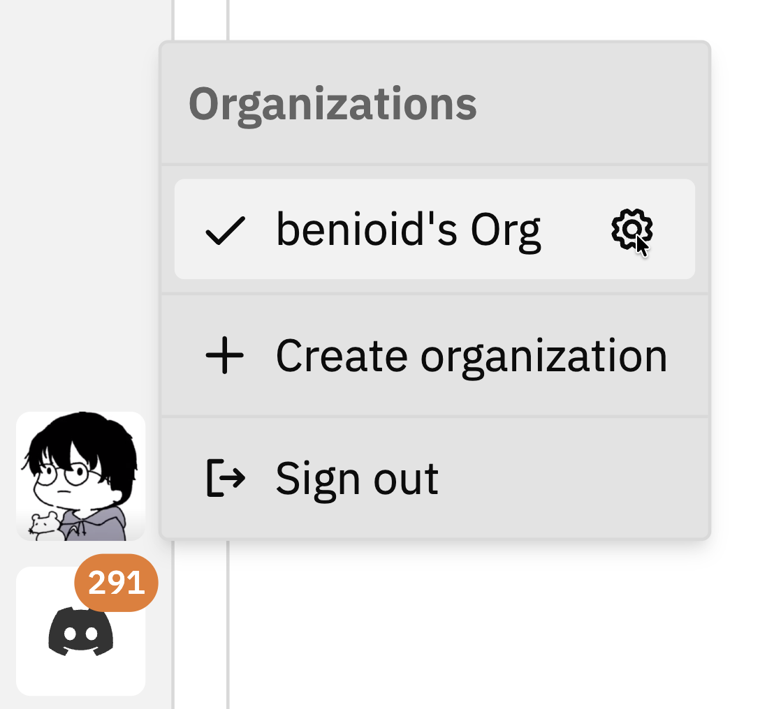 User menu showing settings icon next to organisation