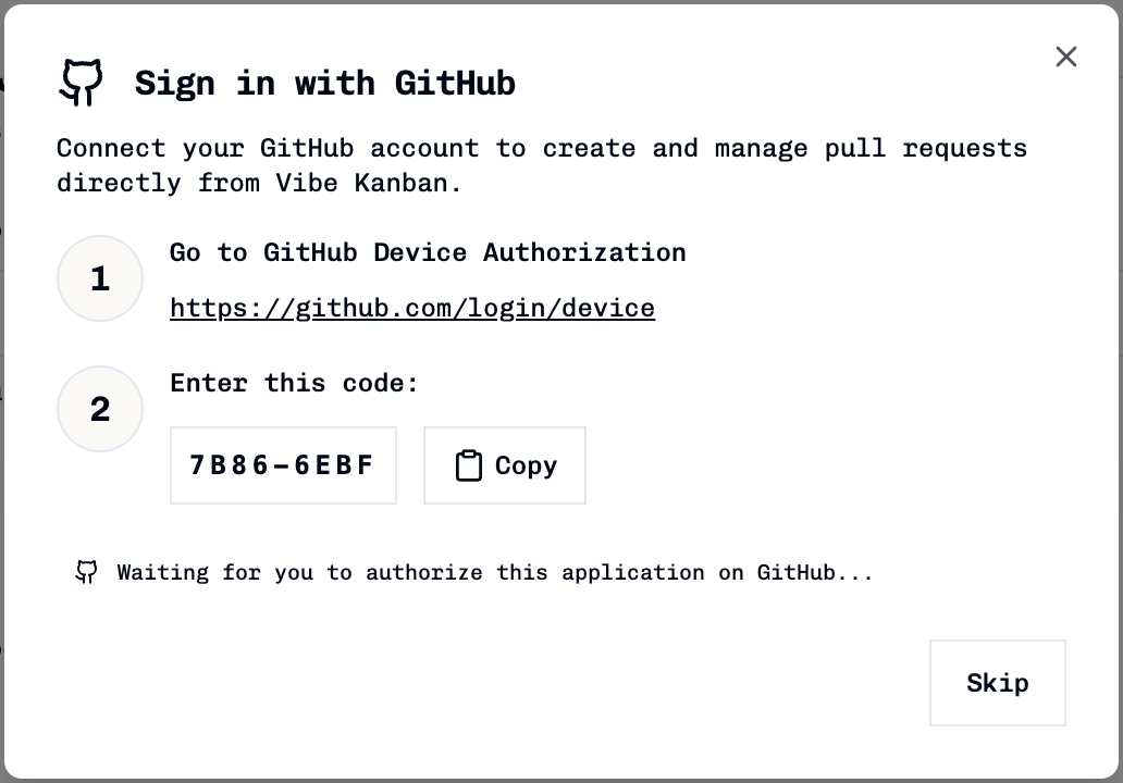 GitHub device authentication dialog with verification code