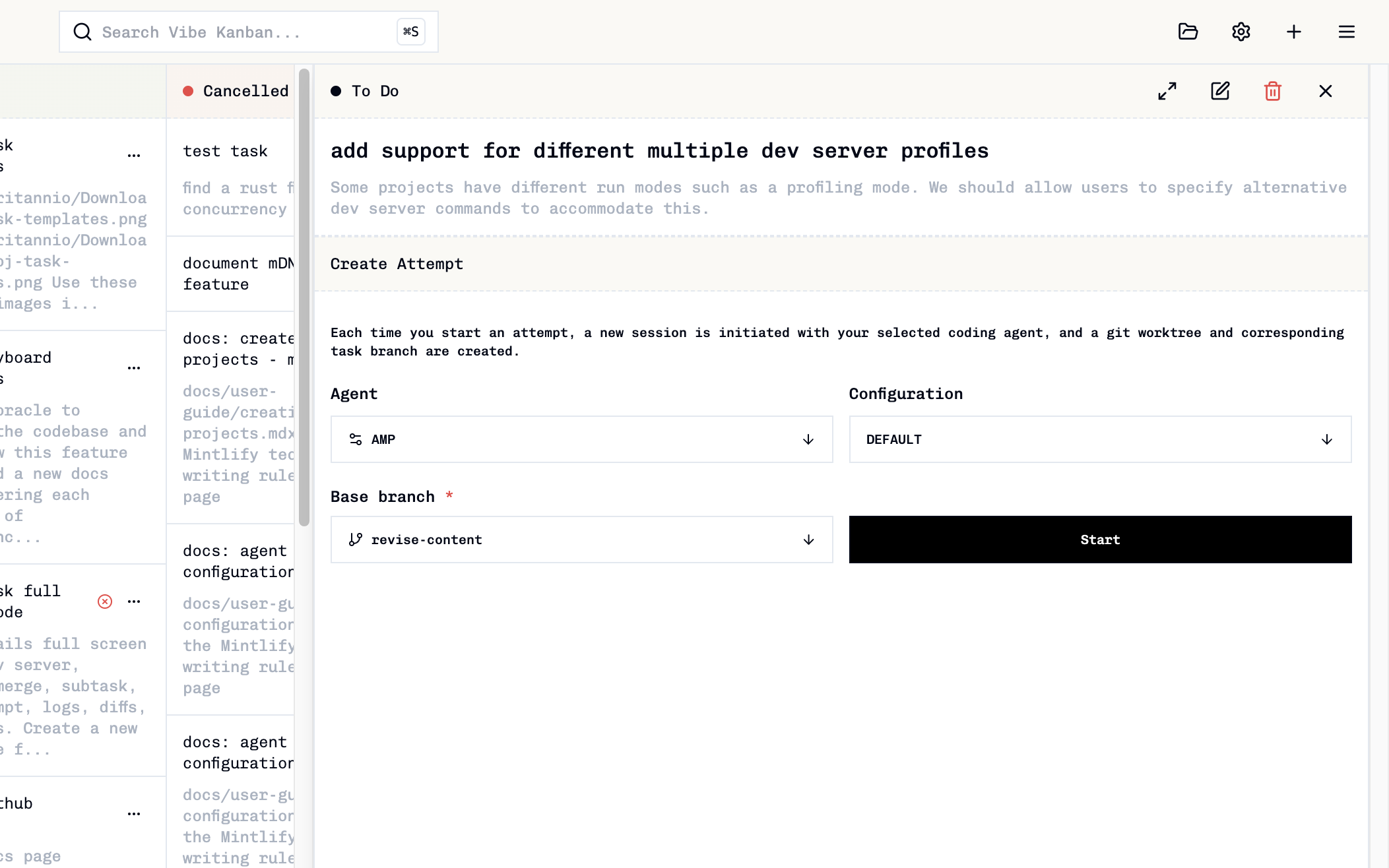 Task attempt creation dialog showing agent profile and variant selection options