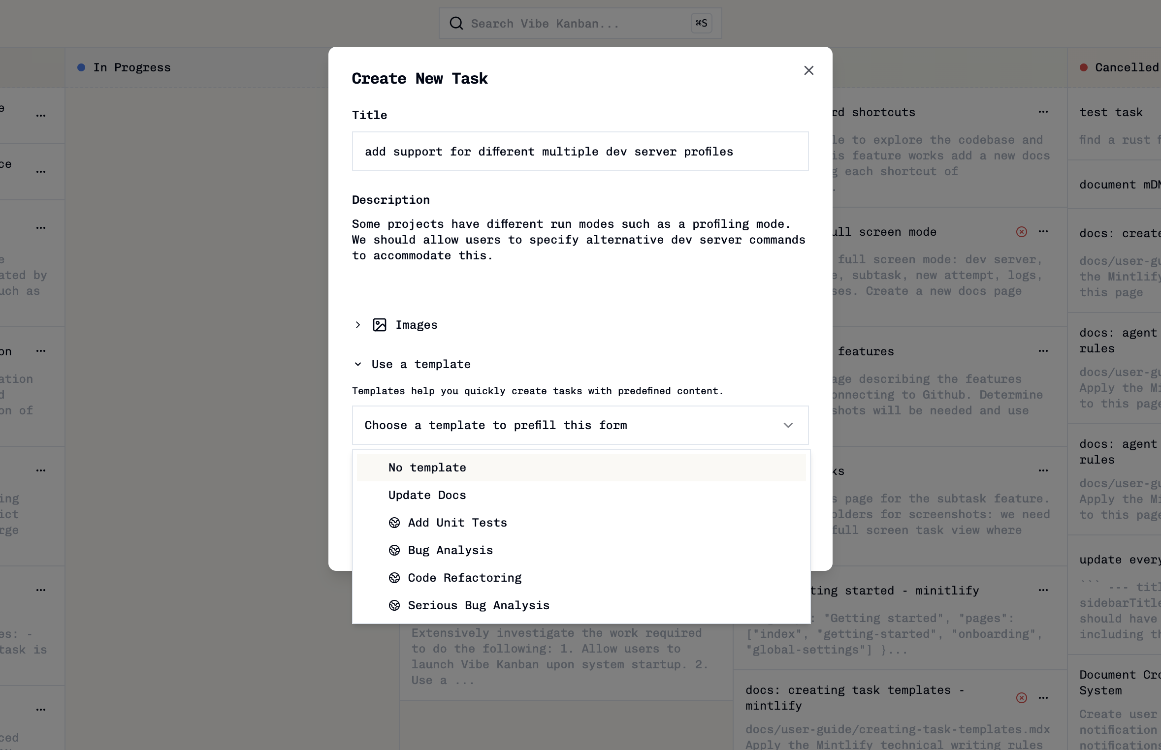 Template dropdown menu showing available global and project-specific templates