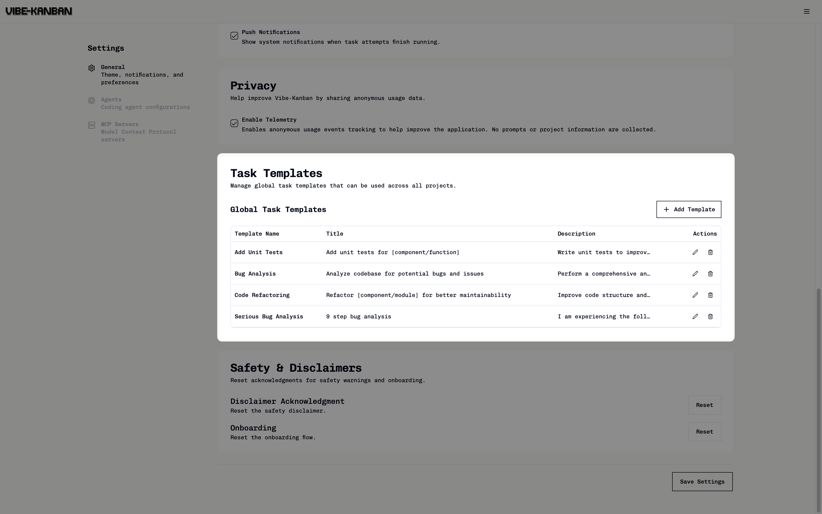 Global task templates interface showing the template list and management options