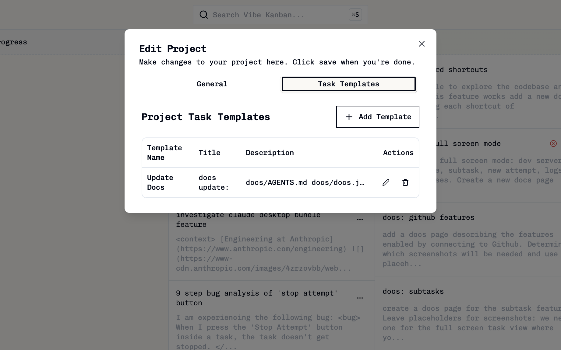 Project task templates interface within the template library