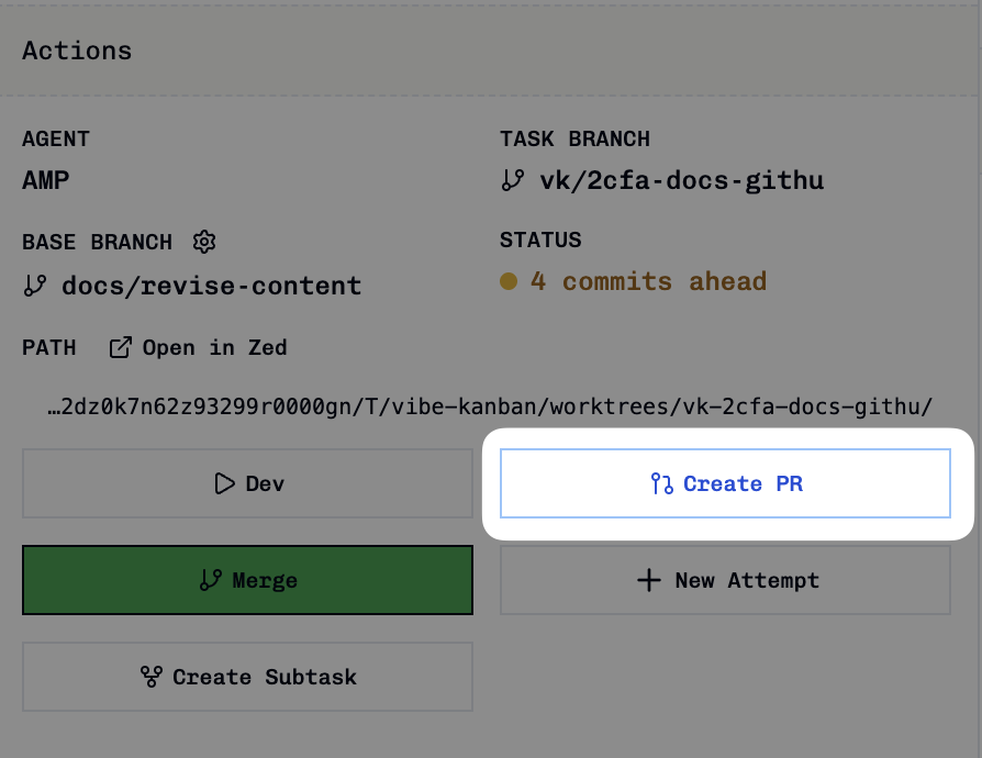 Task attempt interface showing dynamic push/PR button