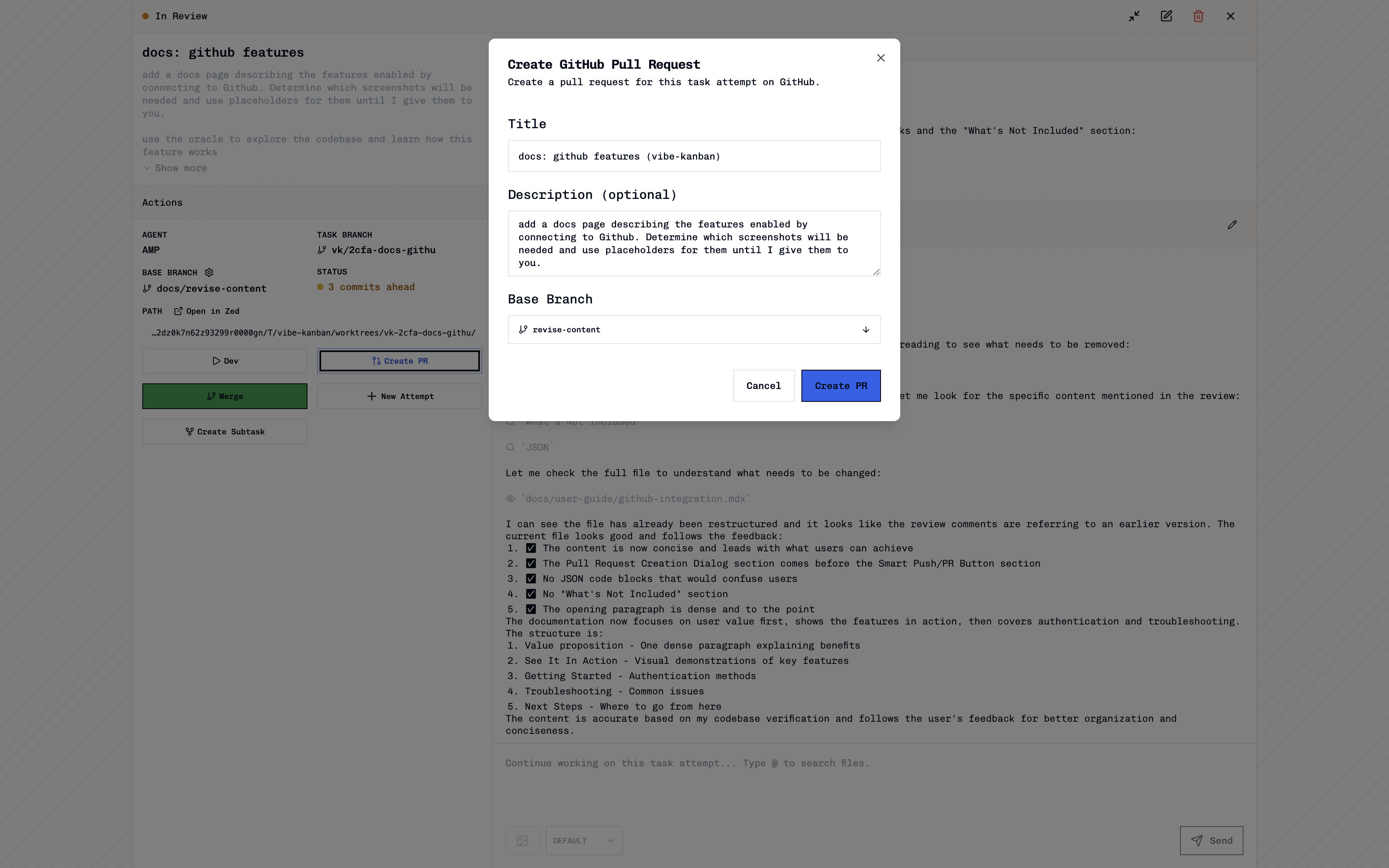 Pull request creation dialog with title, description, and base branch selection