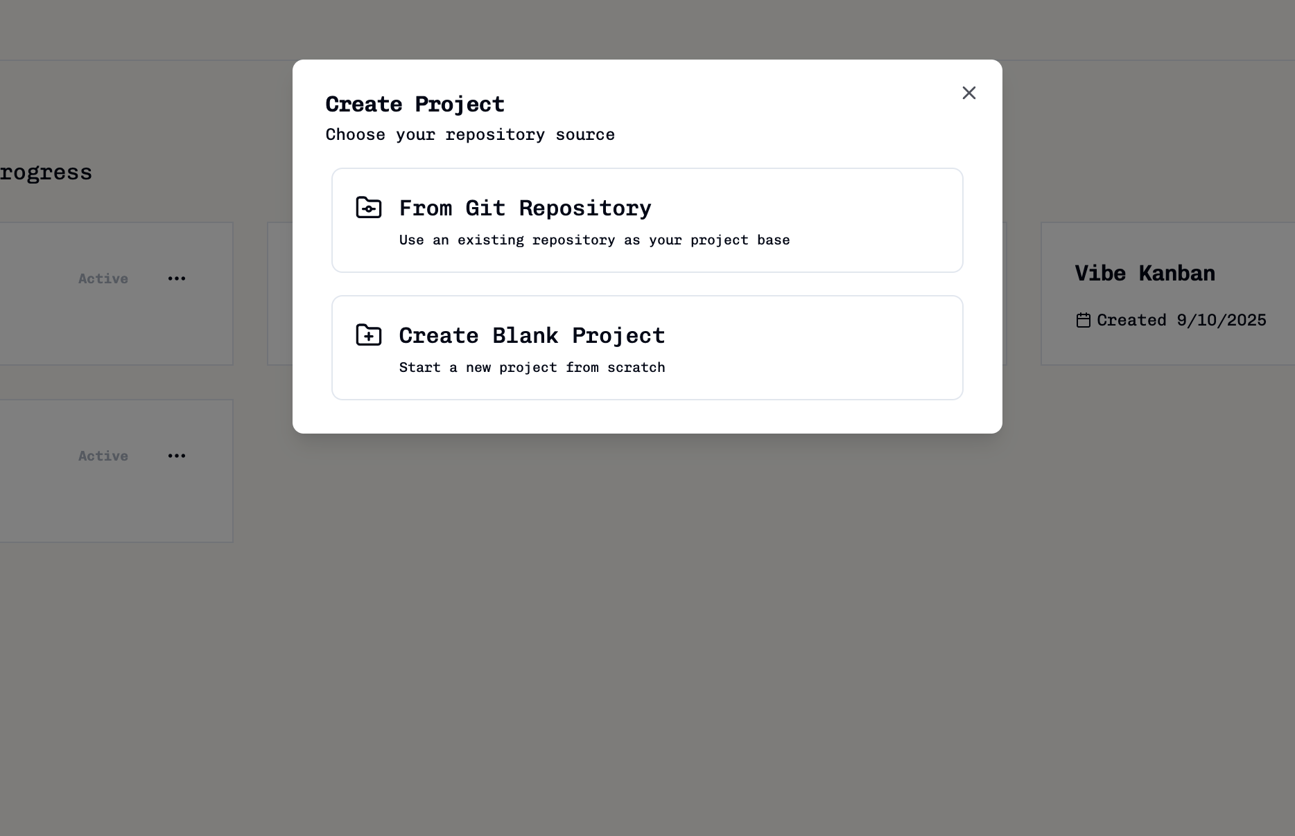 Create project dialog showing options to create from existing git repository or blank project