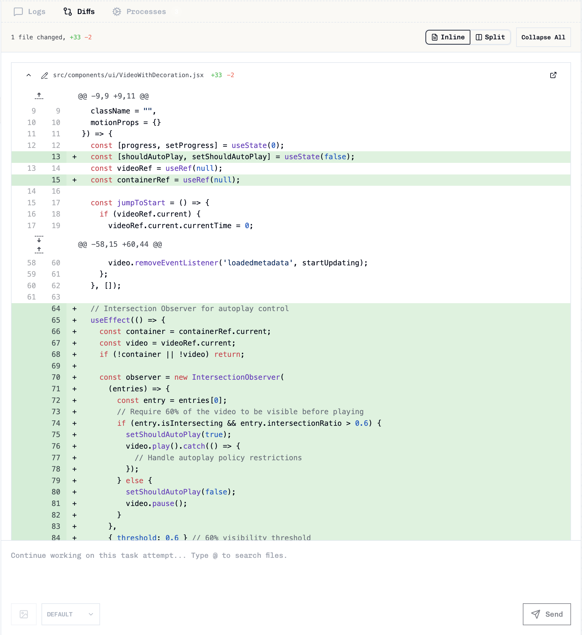 Diffs tab displaying code changes with syntax highlighting and line-by-line comparison