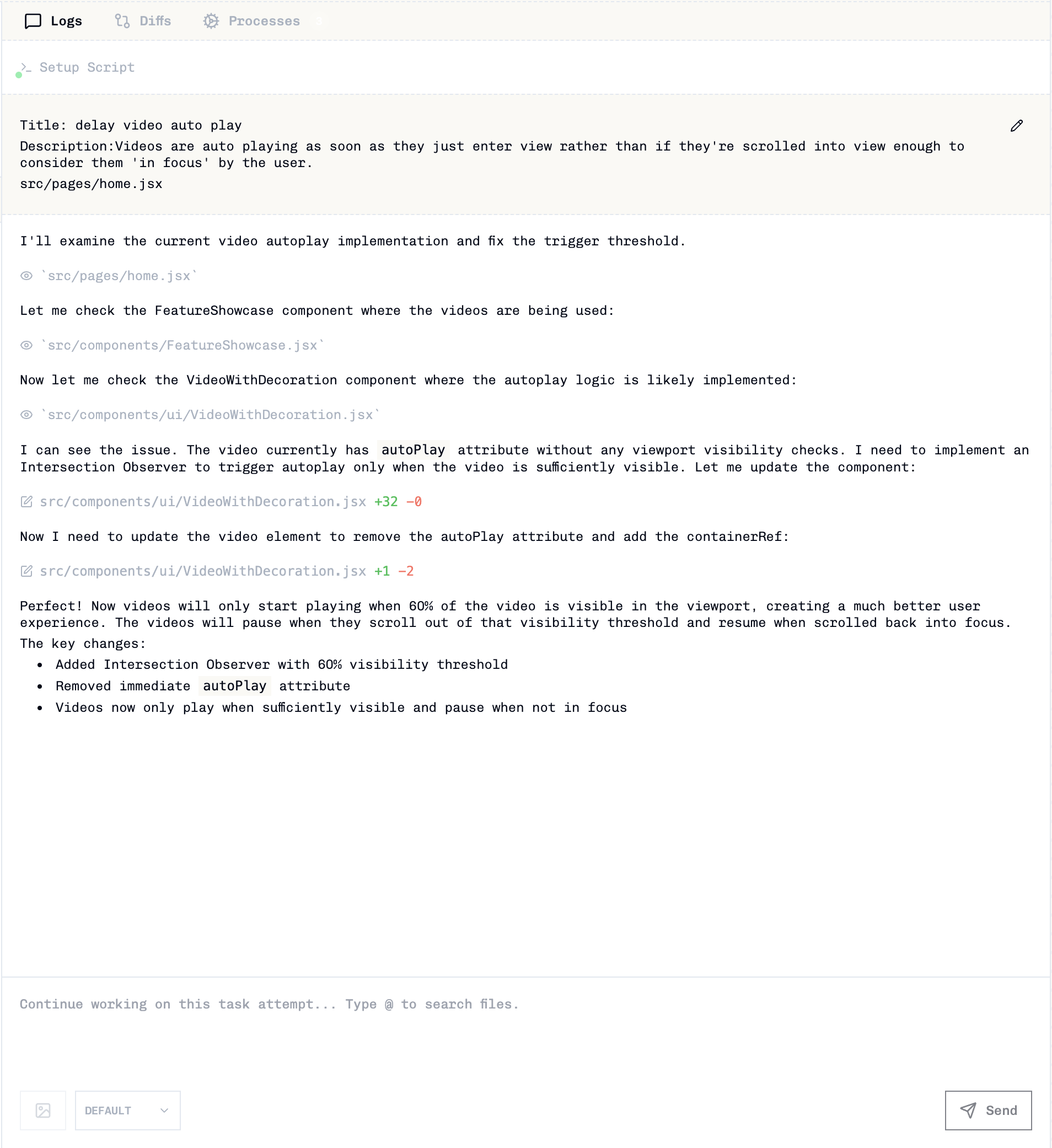 Logs tab showing real-time streaming of agent output and process events