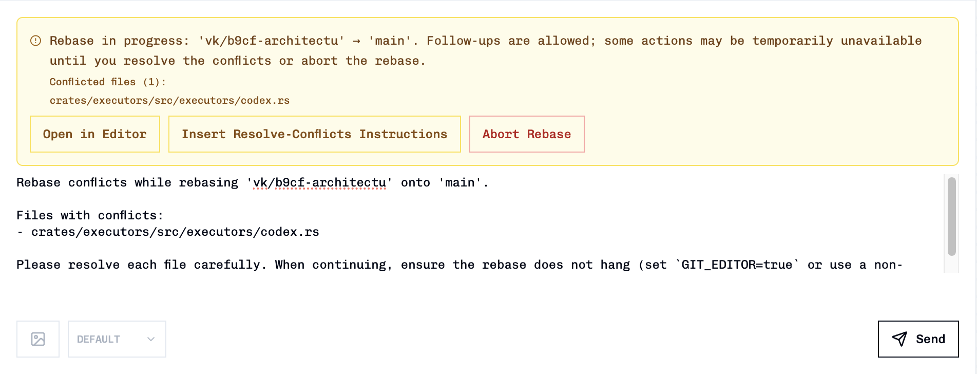 Conflict resolution banner with auto-generated instructions in the follow-up field