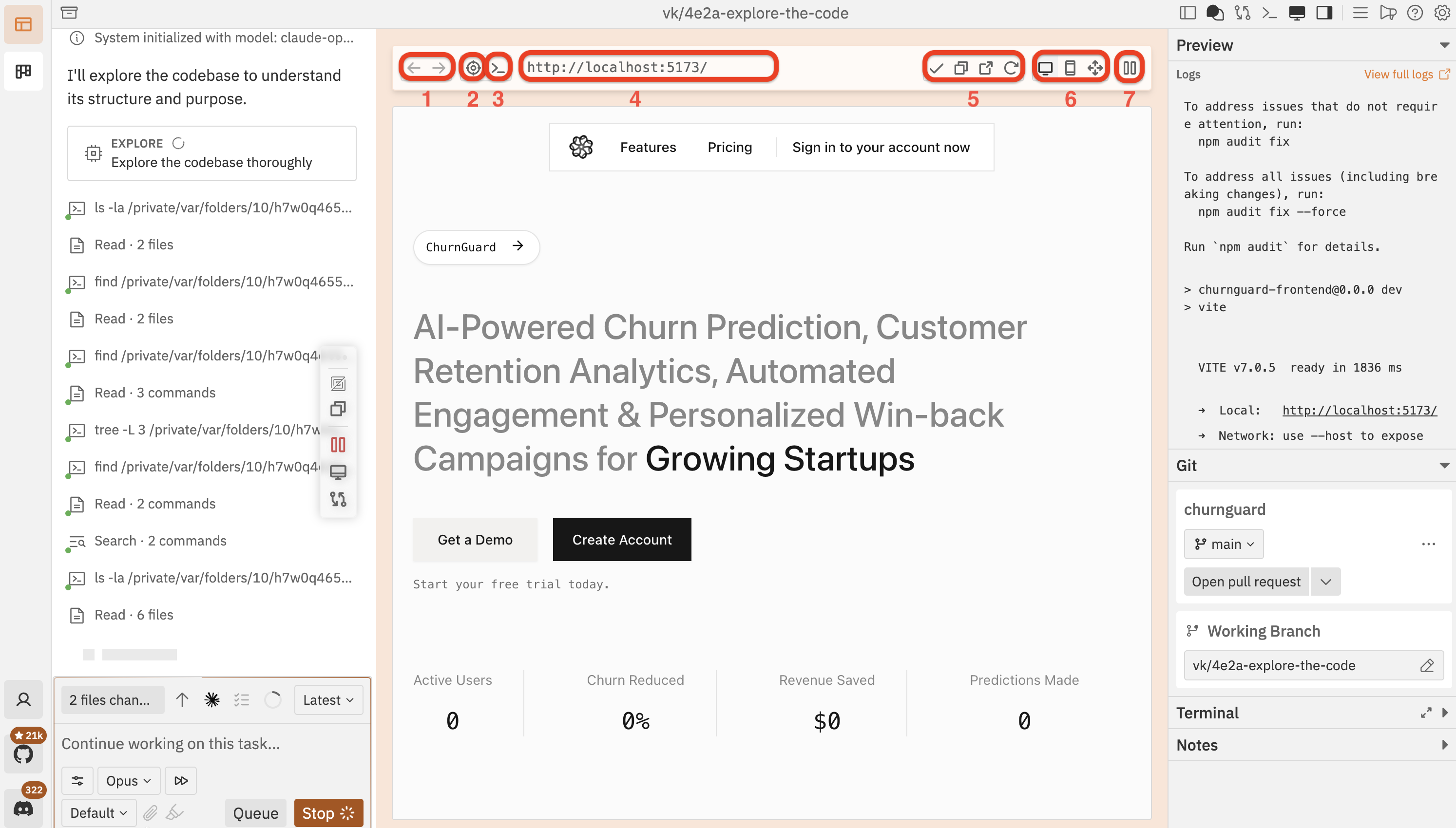 Annotated preview browser showing the toolbar controls numbered 1 through 7