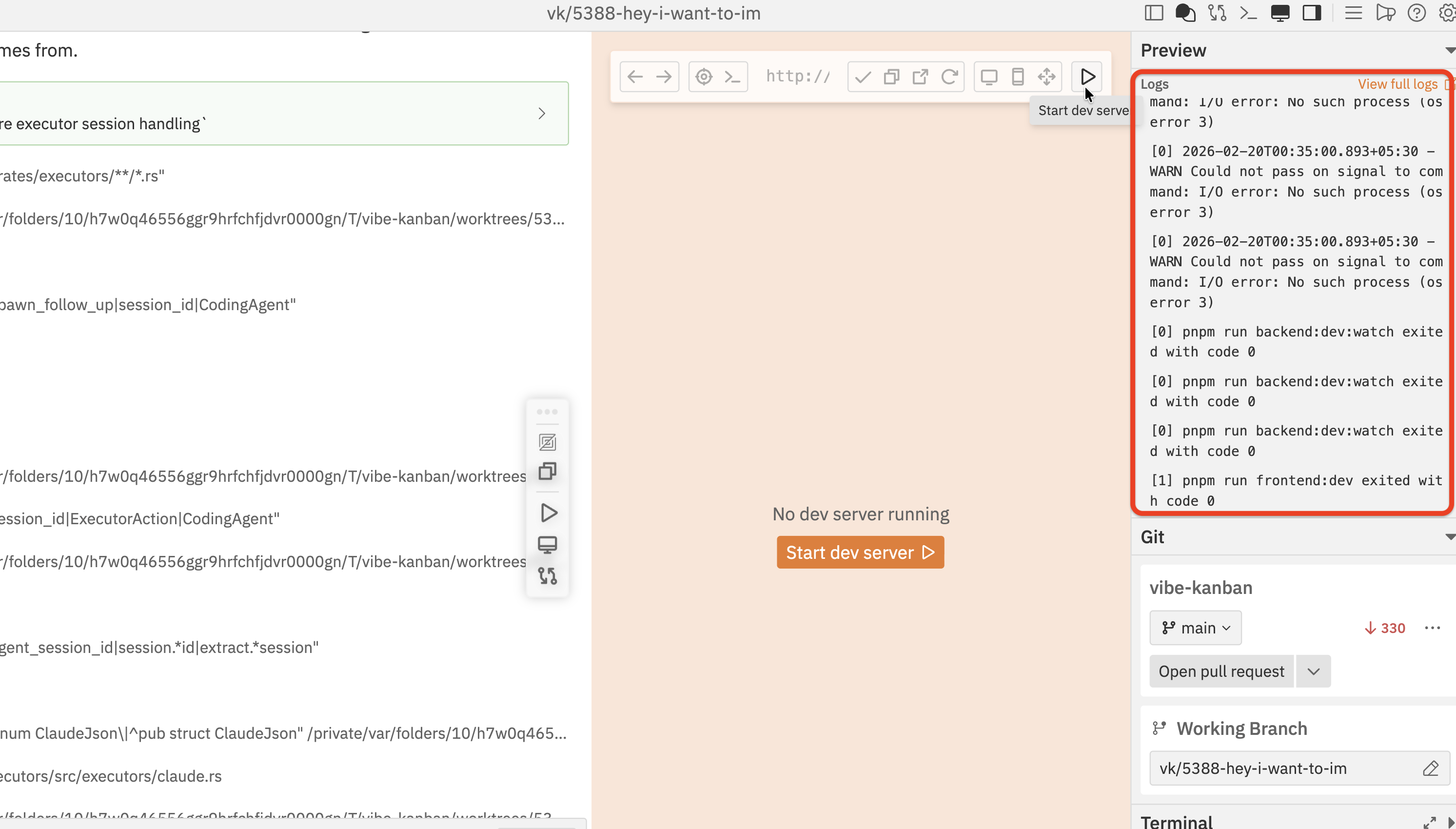 Dev server log output streaming in real-time in the Log panel