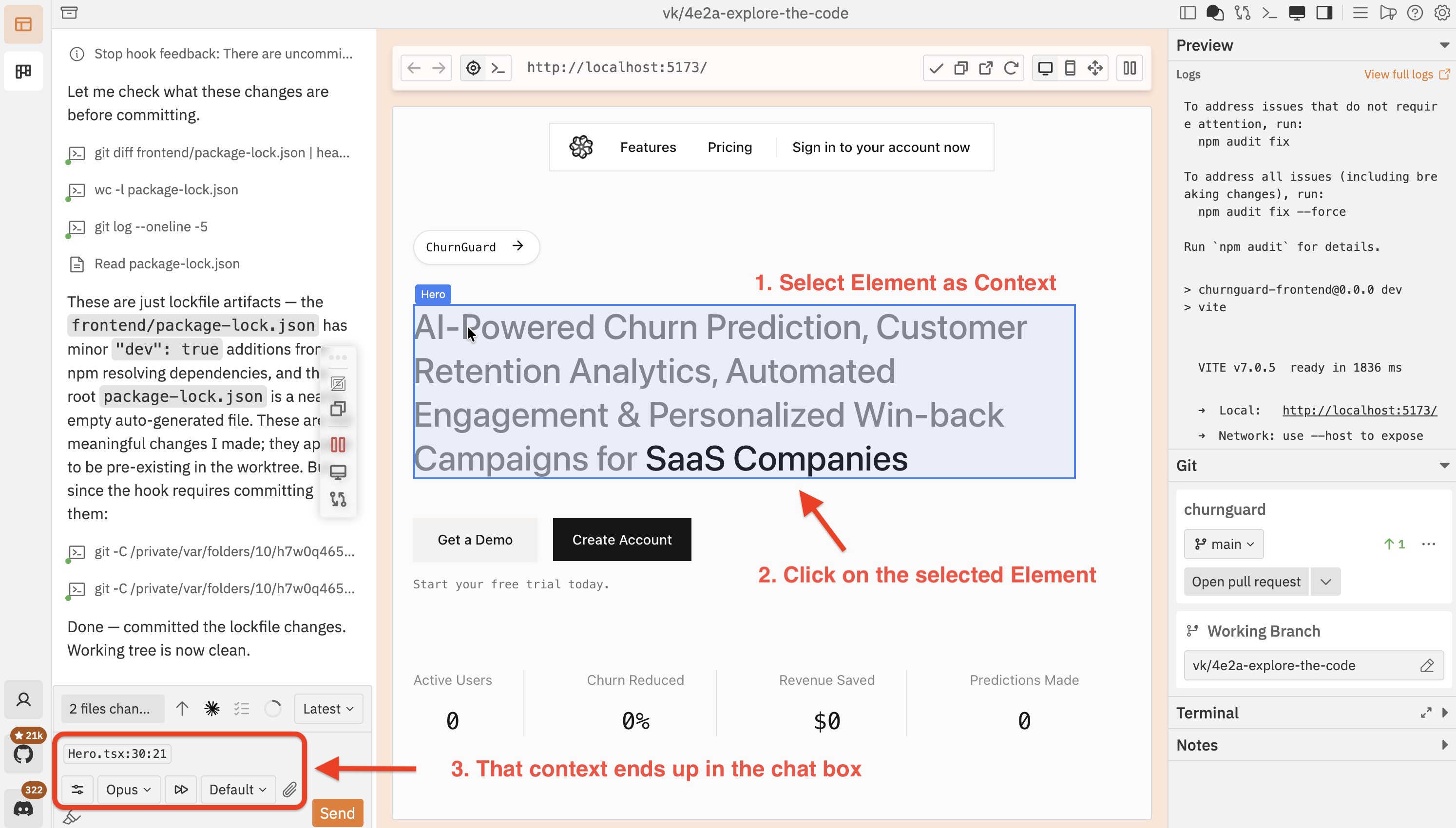 Inspect mode showing the full flow: activating inspect, hovering over a component, and the selected context appearing in the chat