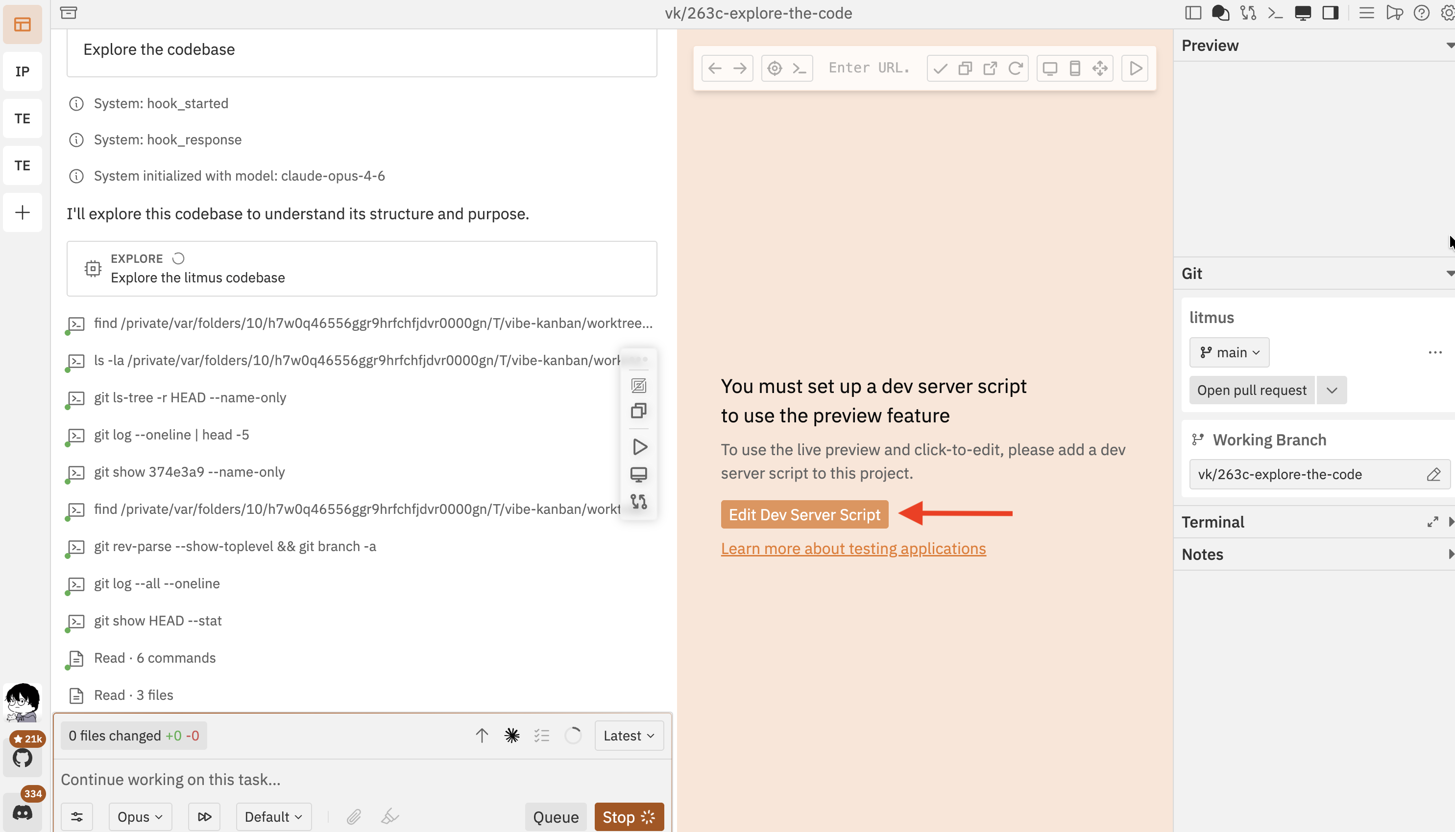 Preview panel showing prompt to set up a dev server script