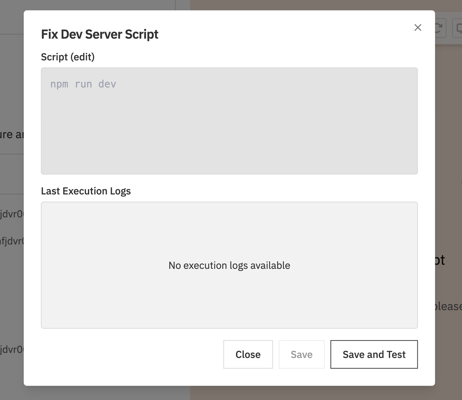 Script editor dialog with dev server command and Save and Test button