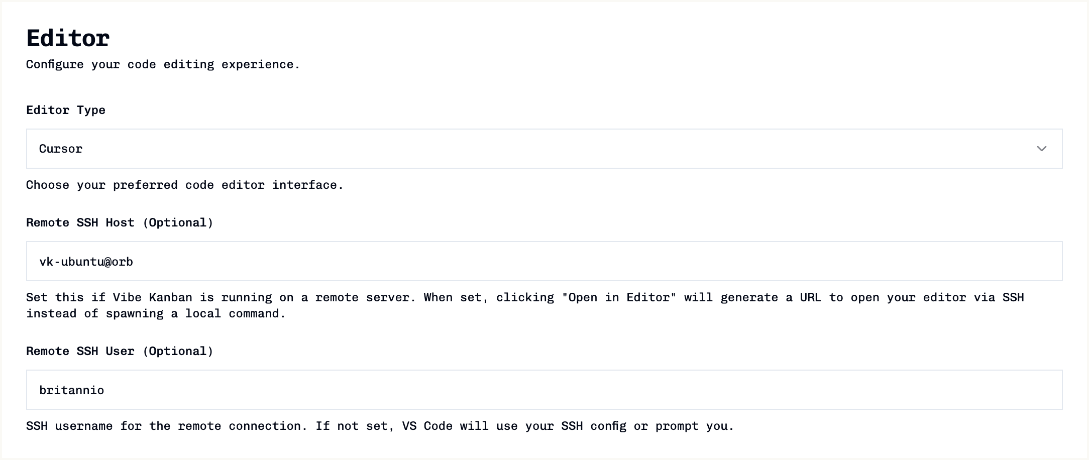 Vibe Kanban settings editor section showing ssh configuration options.