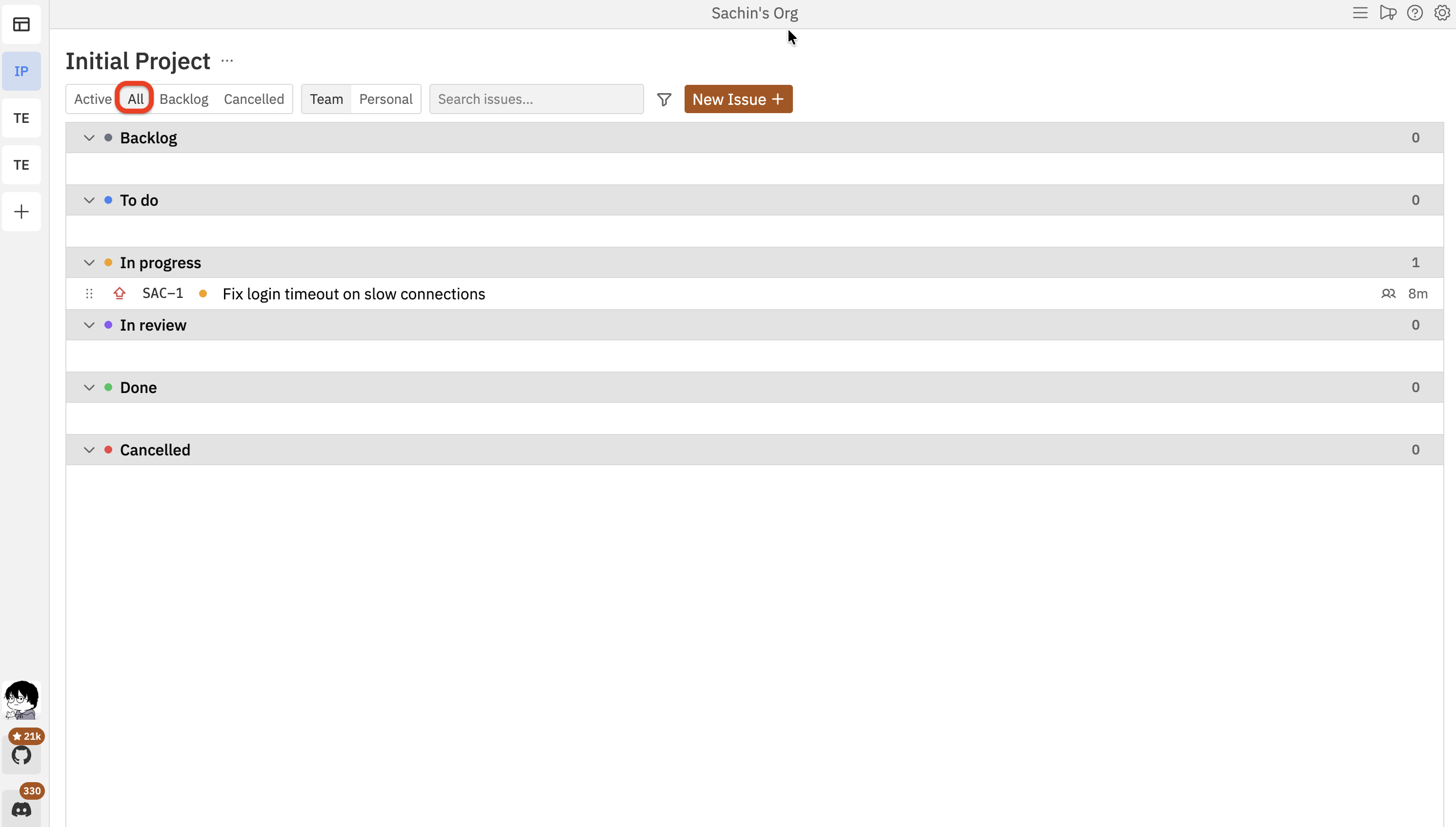 All tab selected showing Backlog and Cancelled statuses alongside the default columns