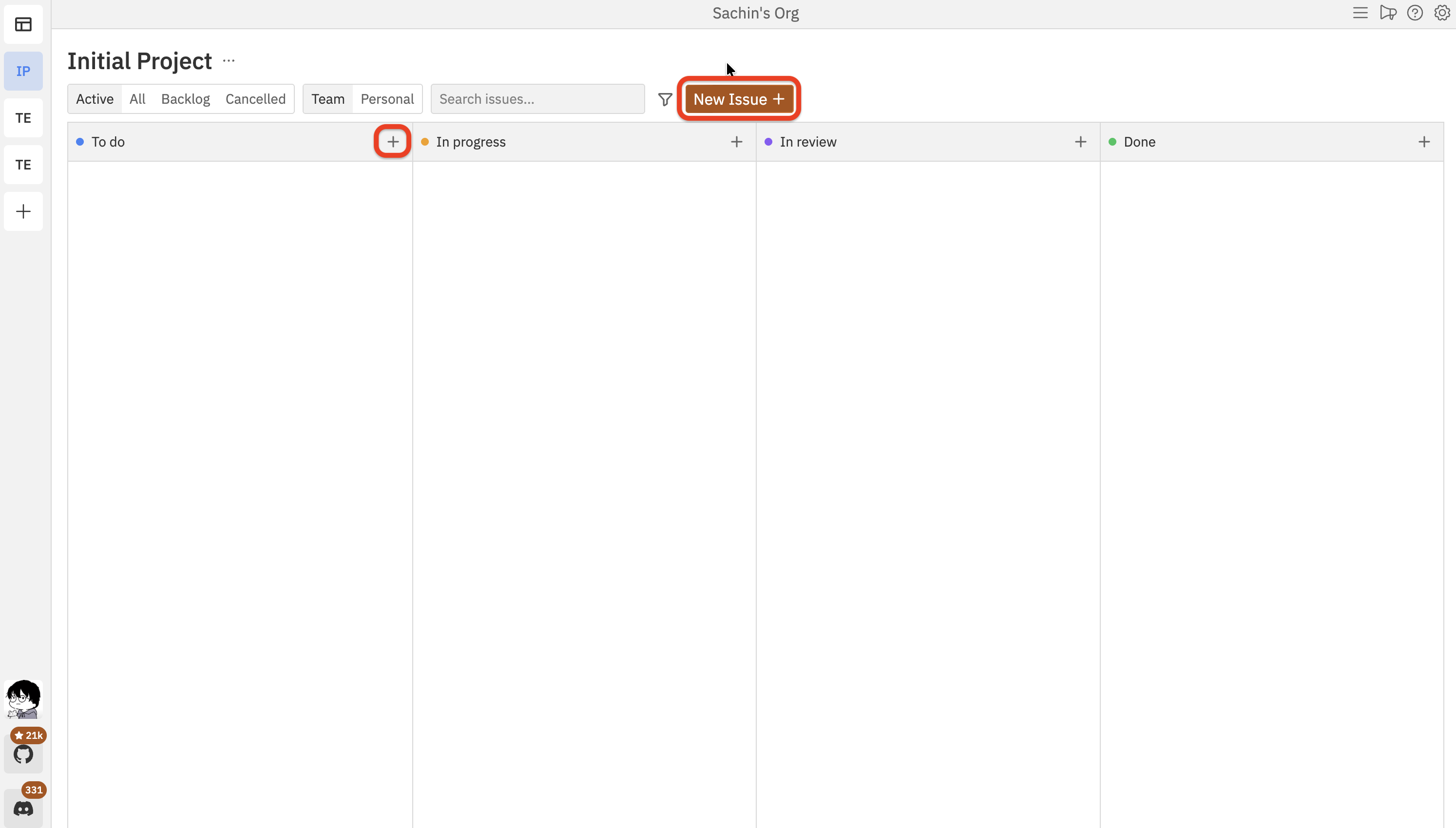 Kanban board showing the New Issue button in the header and the plus button on a column