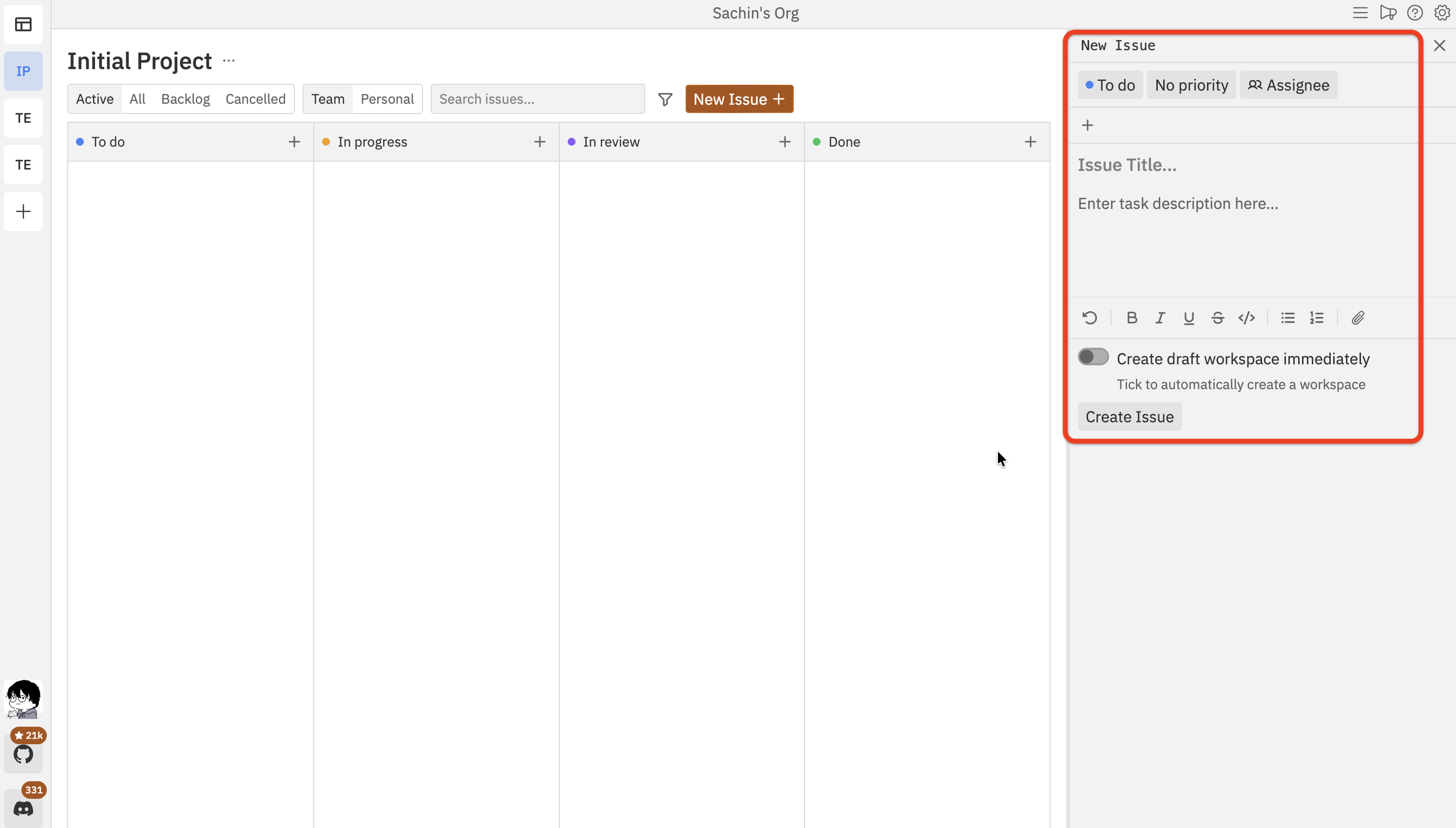 New issue panel with title field and description editor