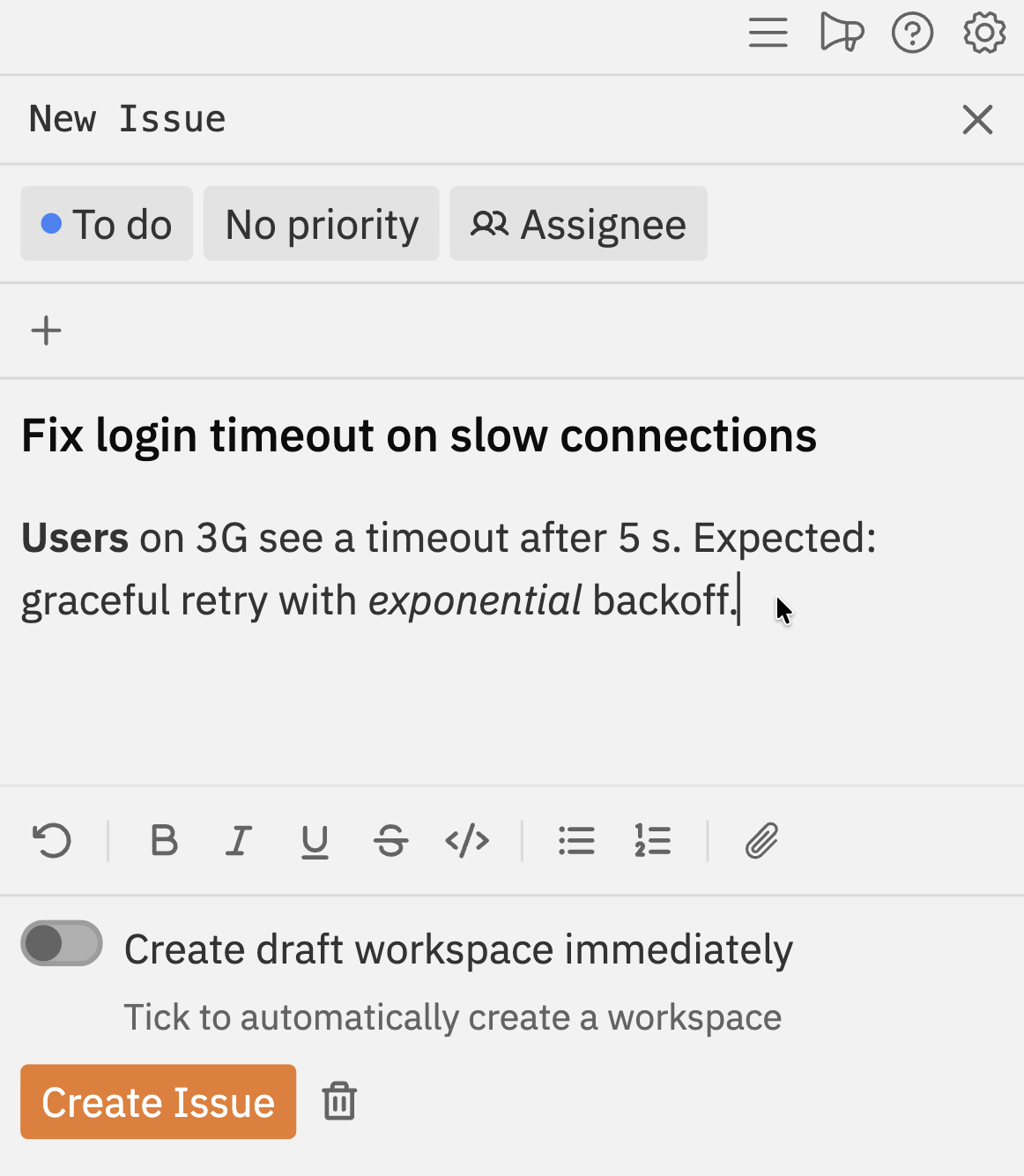 Issue description editor with formatted text including headings and code blocks