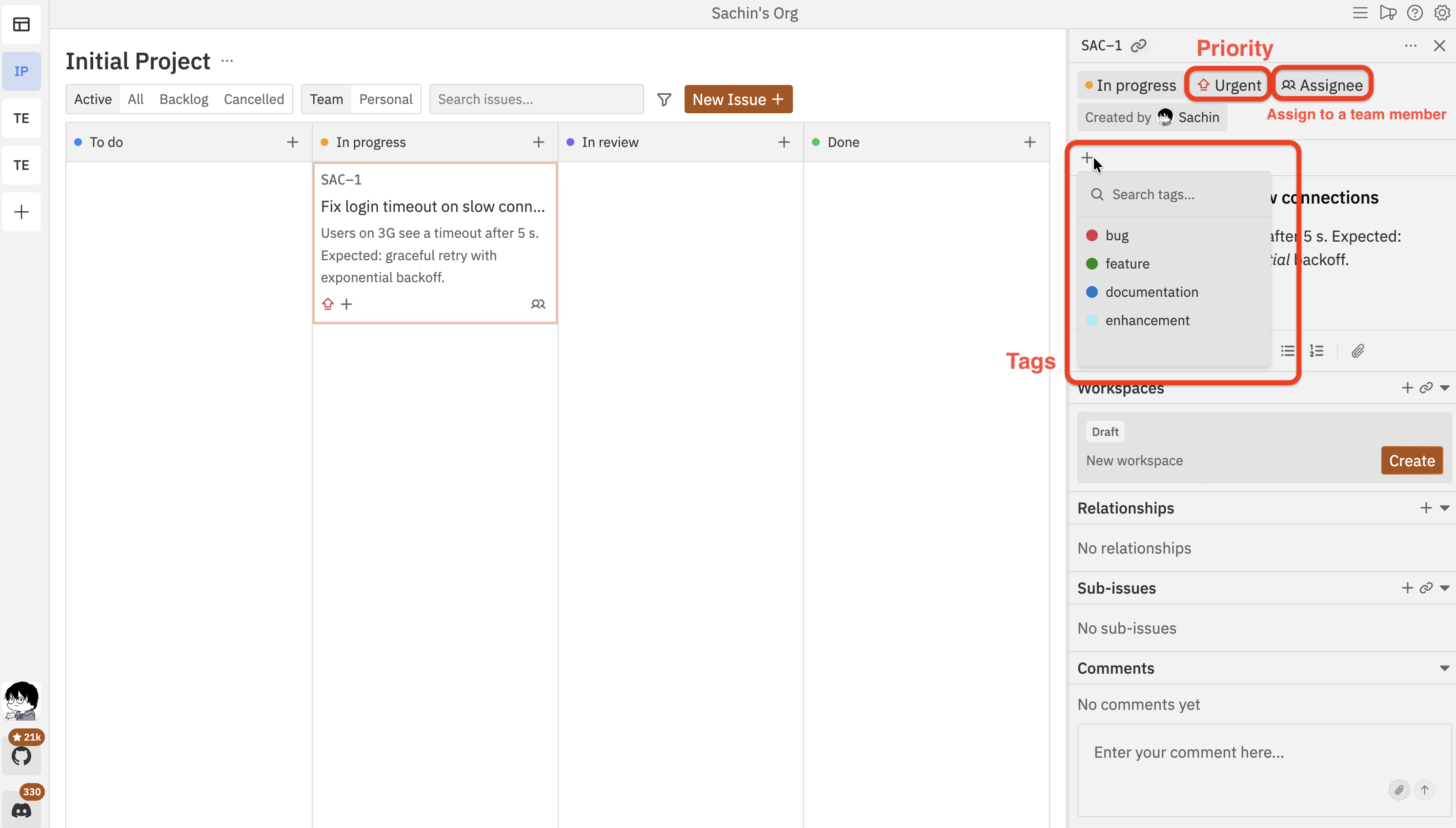 Issue panel showing the priority dropdown and tags selector