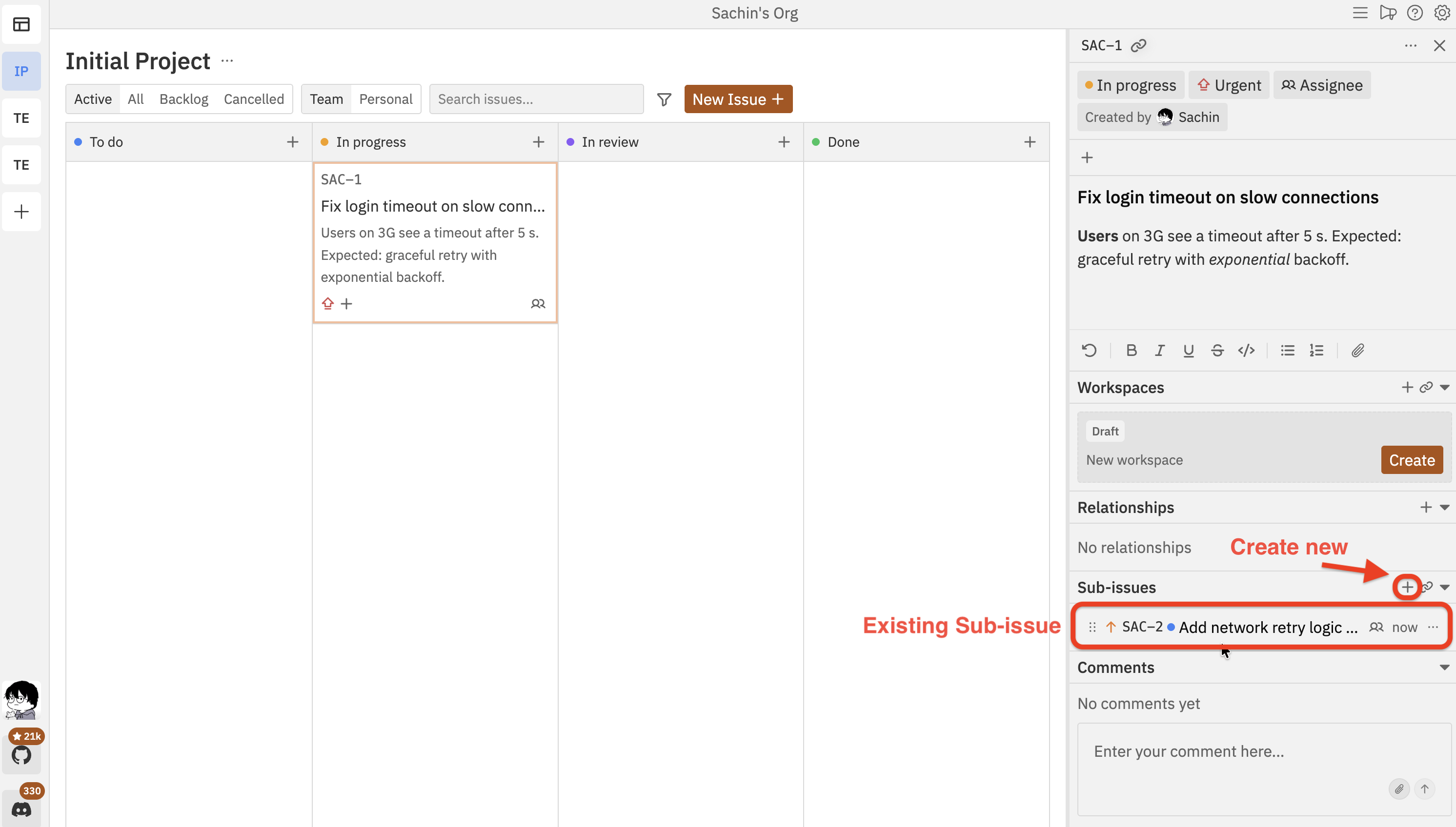 Sub-issues section showing child issues with mixed statuses