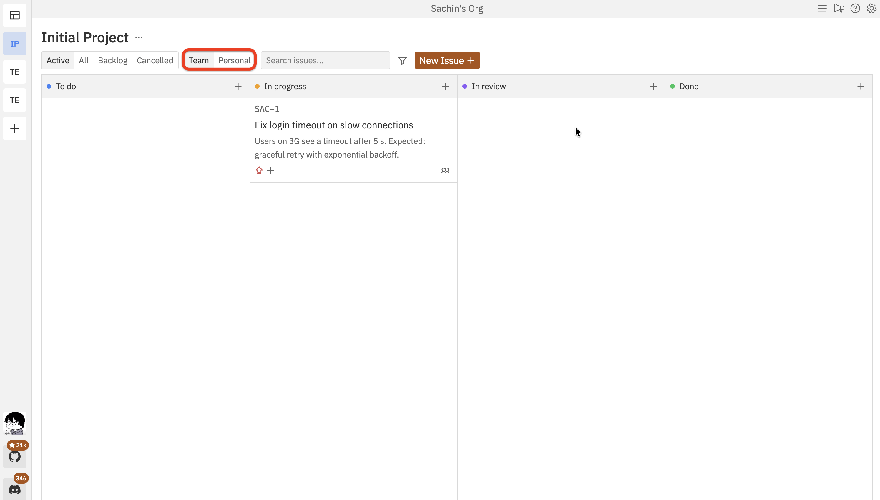 Filter bar showing the Team and Personal tabs