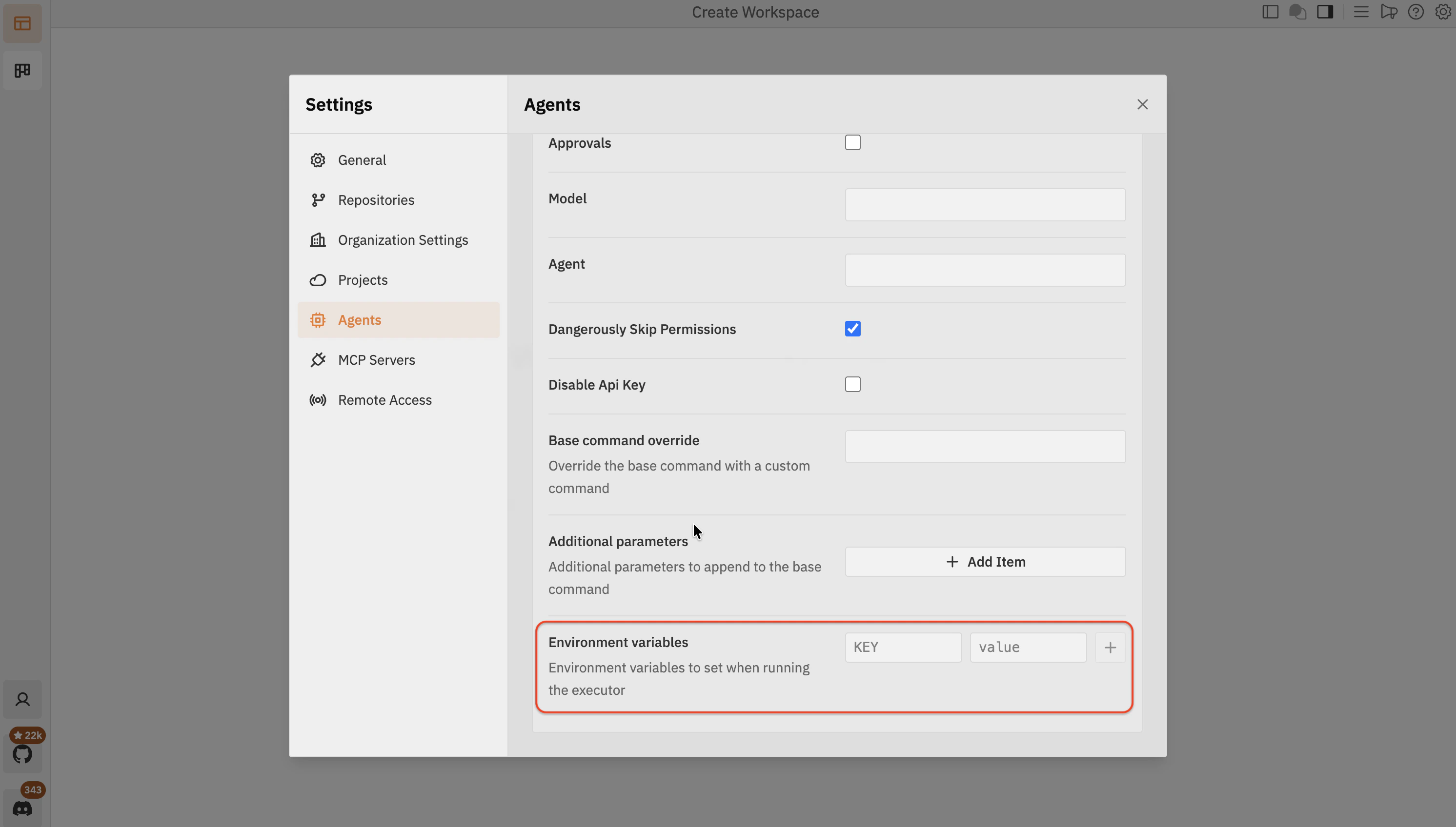 Agent configuration form showing the Environment Variables section with KEY and value inputs