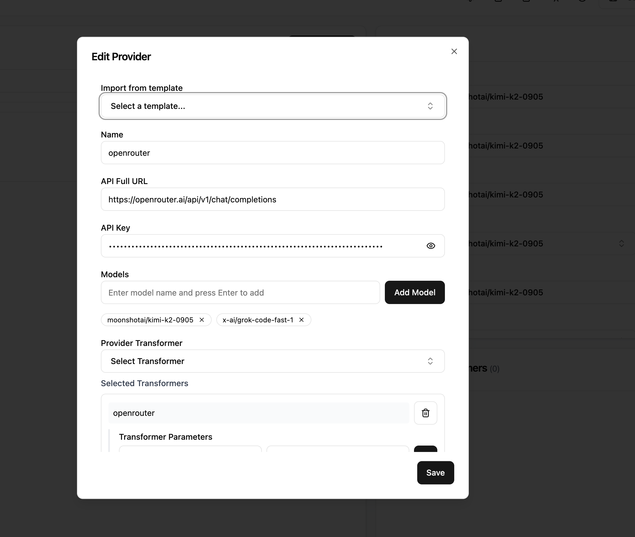 OpenRouter configured in CCR UI