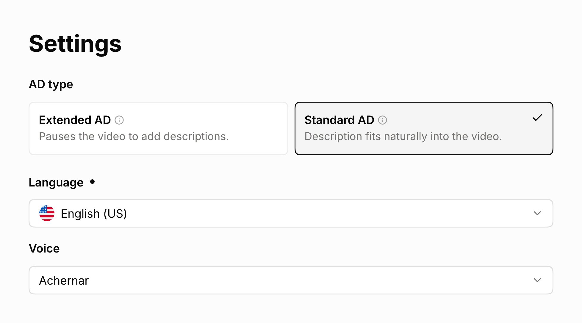 The Settings step with Standard AD chosen over Extended AD, Language set to English (US) and Voice set to Achernar