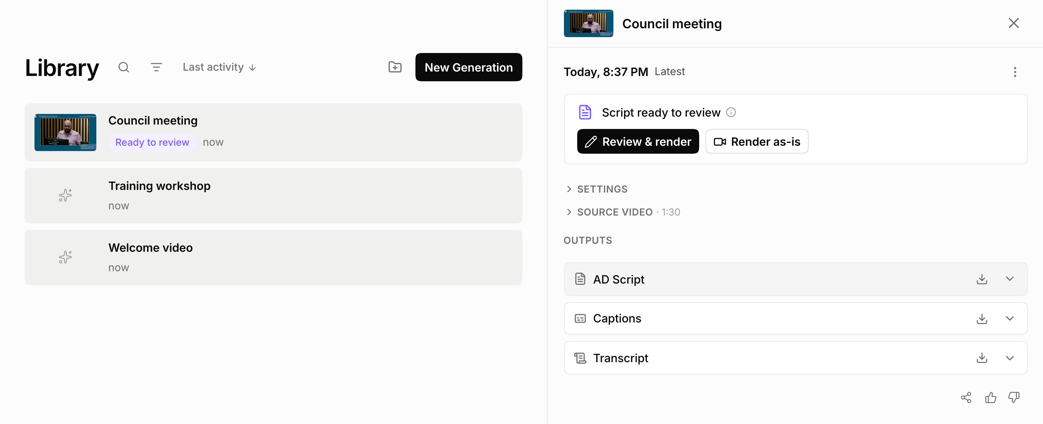 A Library video marked Ready to review, with a Script ready to review card offering Review and render or Render as-is