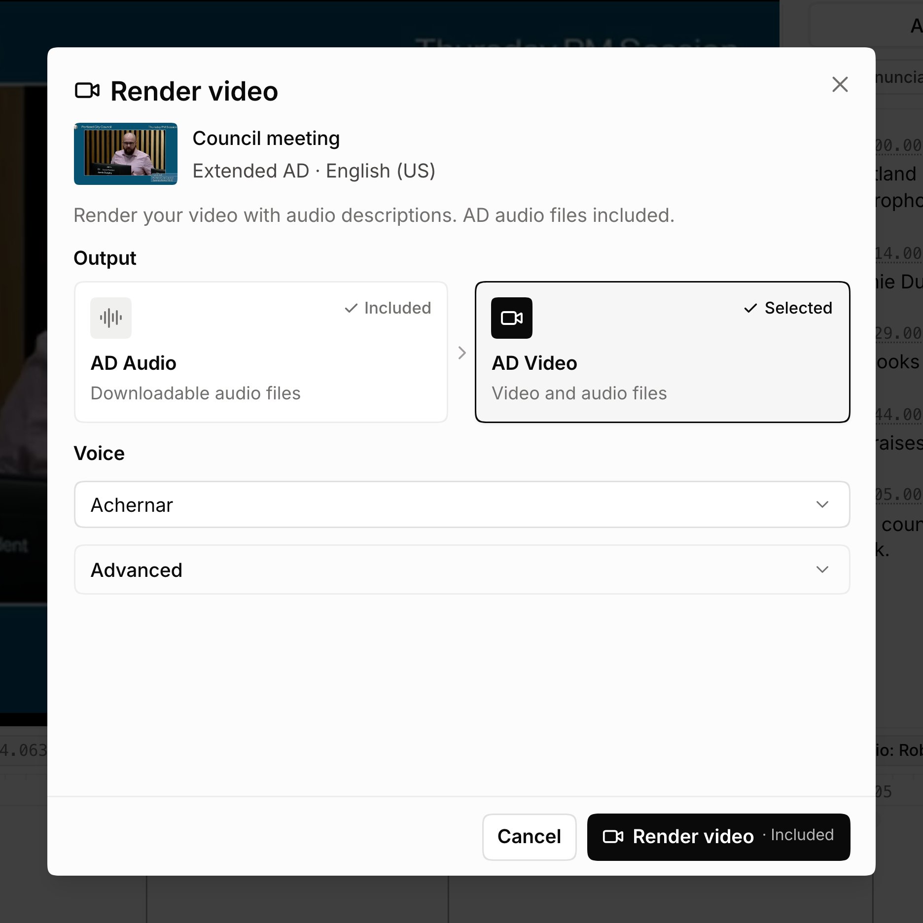 The Render video dialog with AD Audio marked Included and AD Video selected, above the voice picker and an Advanced row