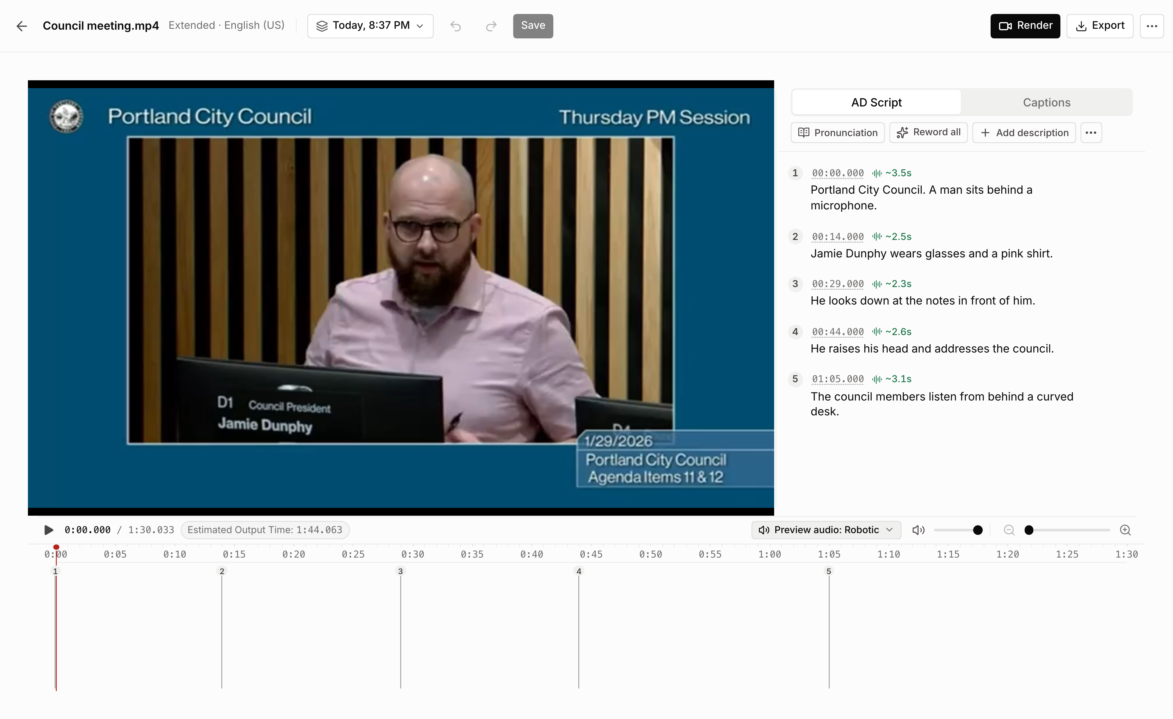 The editor with the video on the left, the numbered AD Script list on the right, and the timeline along the bottom