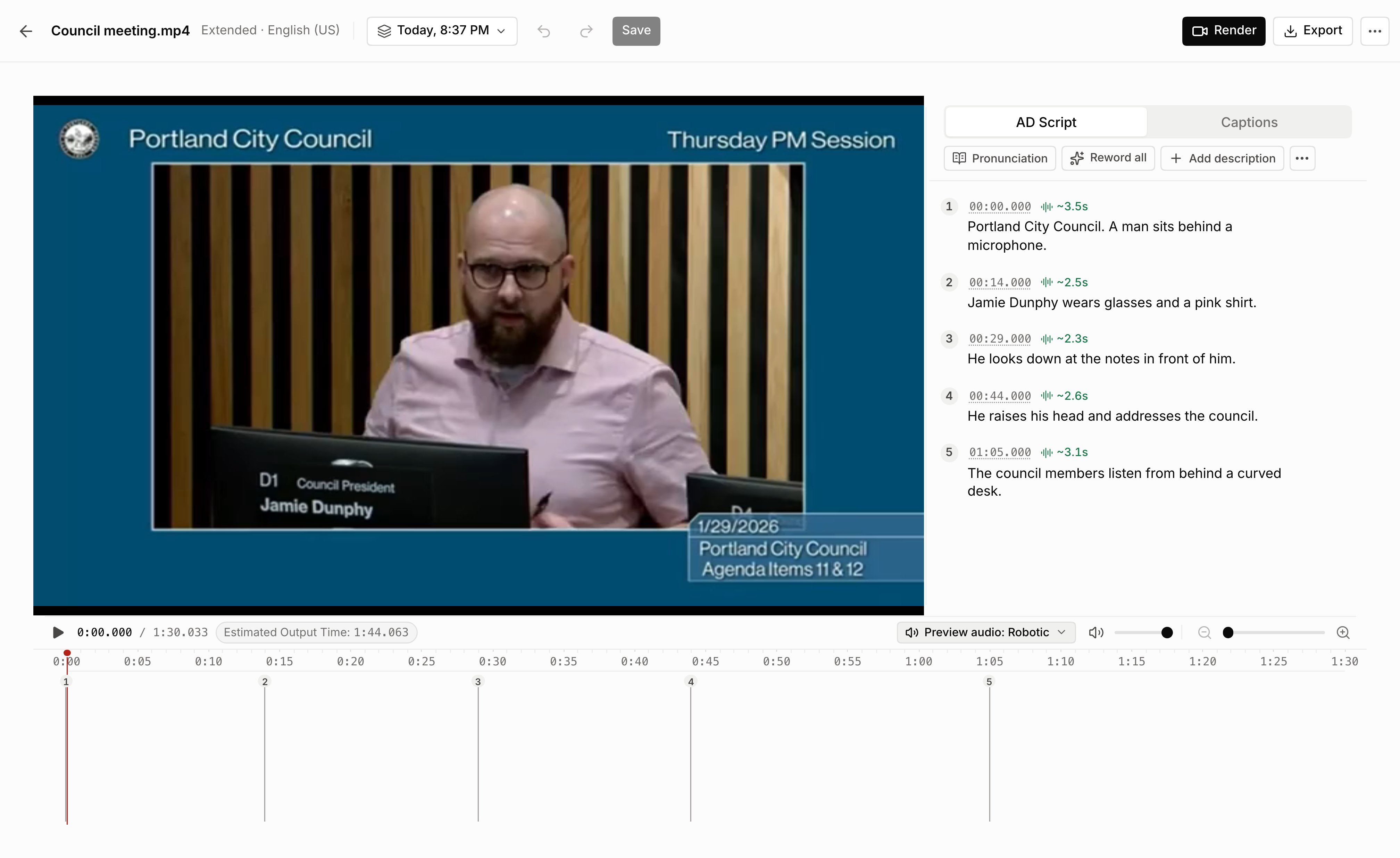 The editor with the video on the left, the numbered AD Script list on the right, and the timeline along the bottom