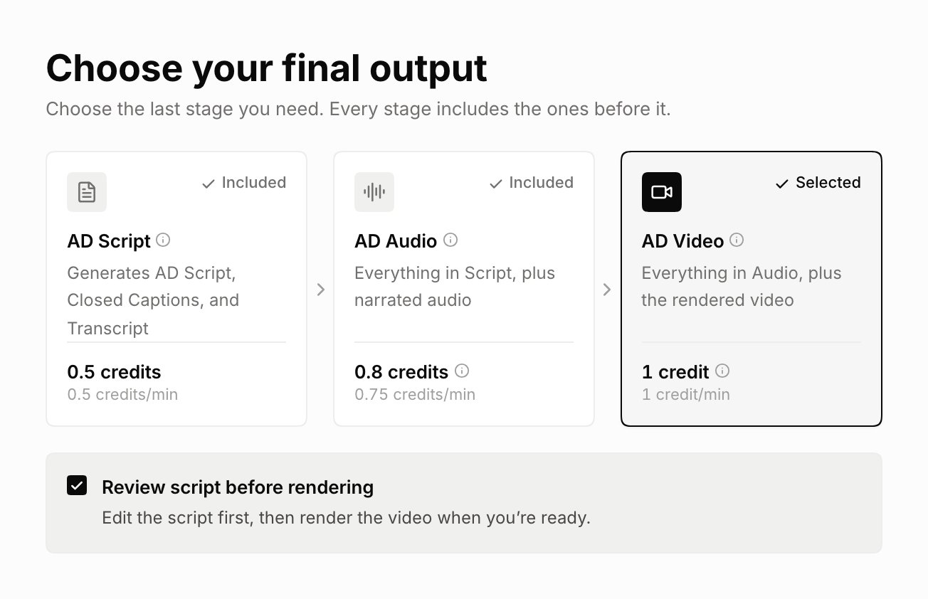 AD Video selected, with Review script before rendering checked below the output cards