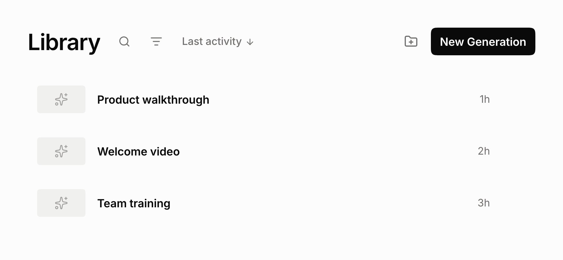 The Library with three example videos and the New Generation button at the top right