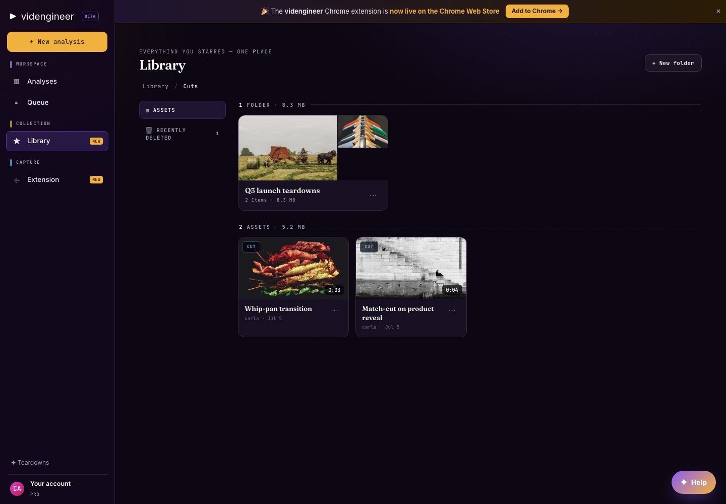 videngineer Library folder showing saved assets and media cards