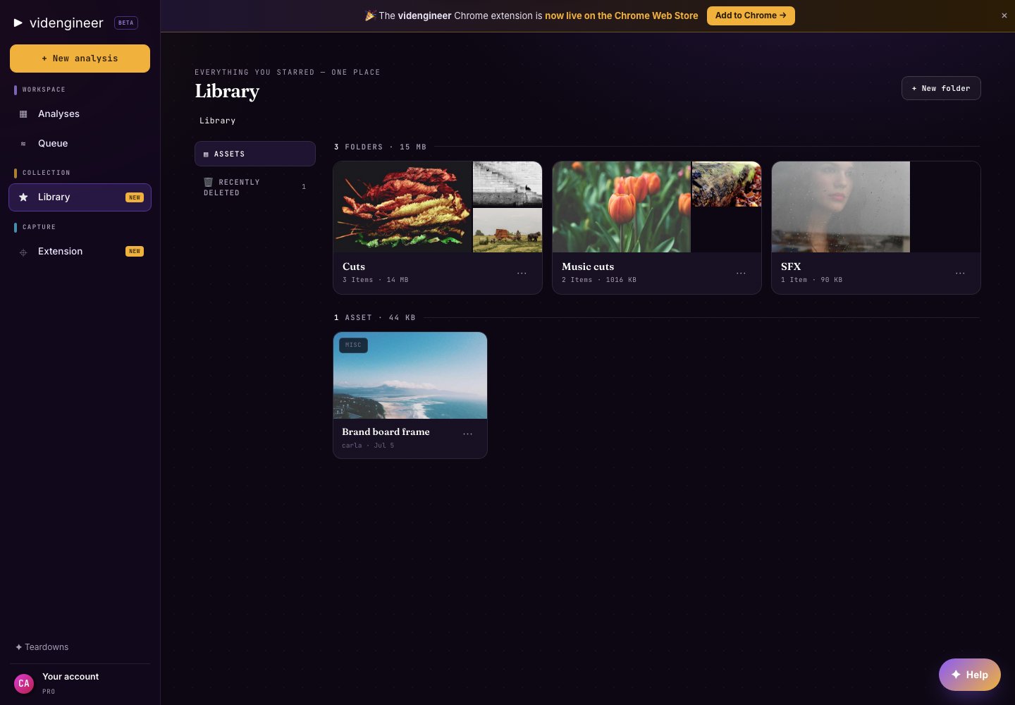 videngineer Library root showing asset folders and saved media cards