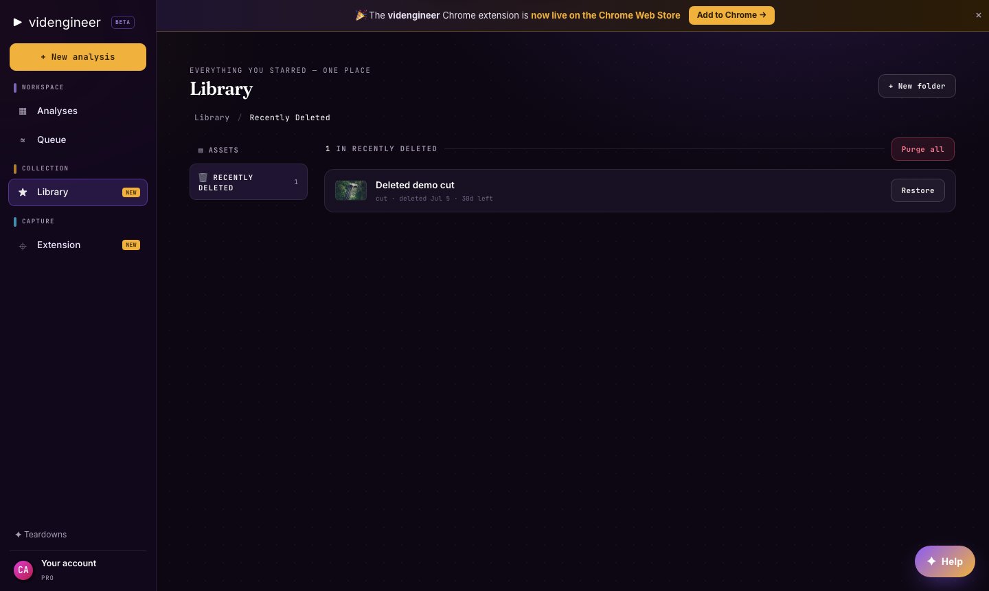 videngineer Library trash view showing deleted assets