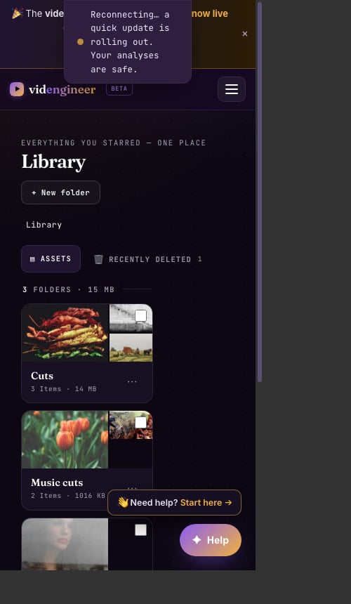 Mobile Library view showing saved media cards