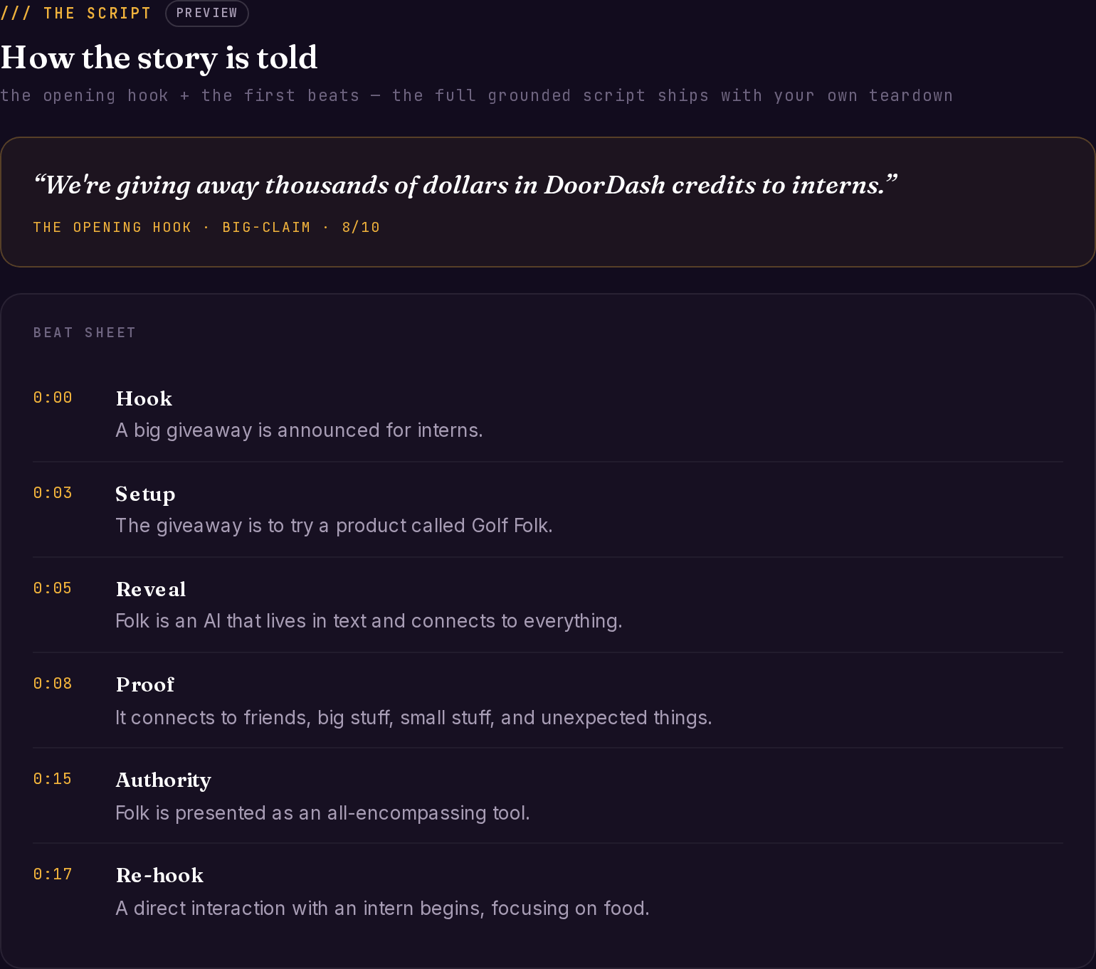 Script pane showing the opening hook quote with type big-claim and strength 8/10, plus a timestamped beat sheet including a Re-hook beat