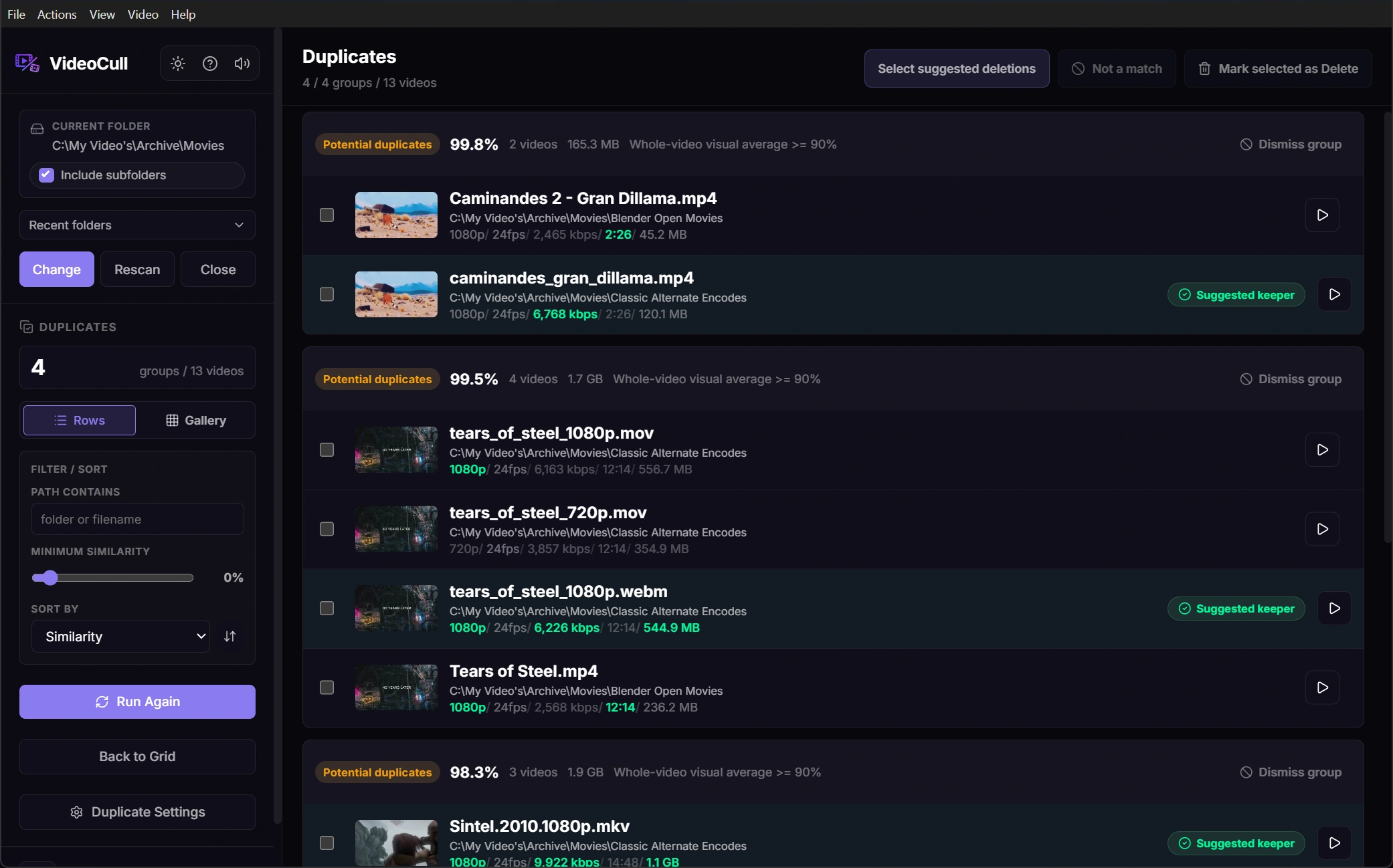 VideoCull duplicate review comparing alternate Blender Open Movie encodes with similarity scores, metadata, playback controls, and suggested keepers