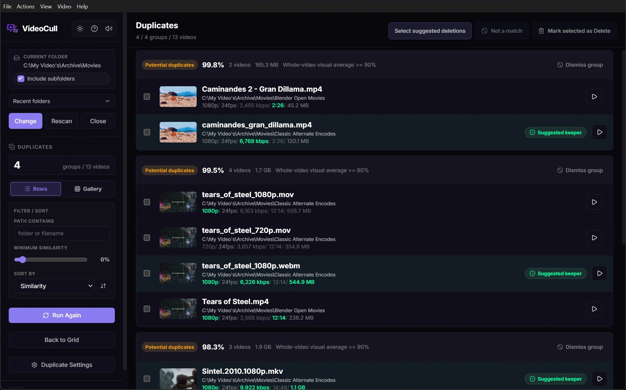 VideoCull duplicate review comparing alternate Blender Open Movie encodes with similarity scores, metadata, playback controls, and suggested keepers