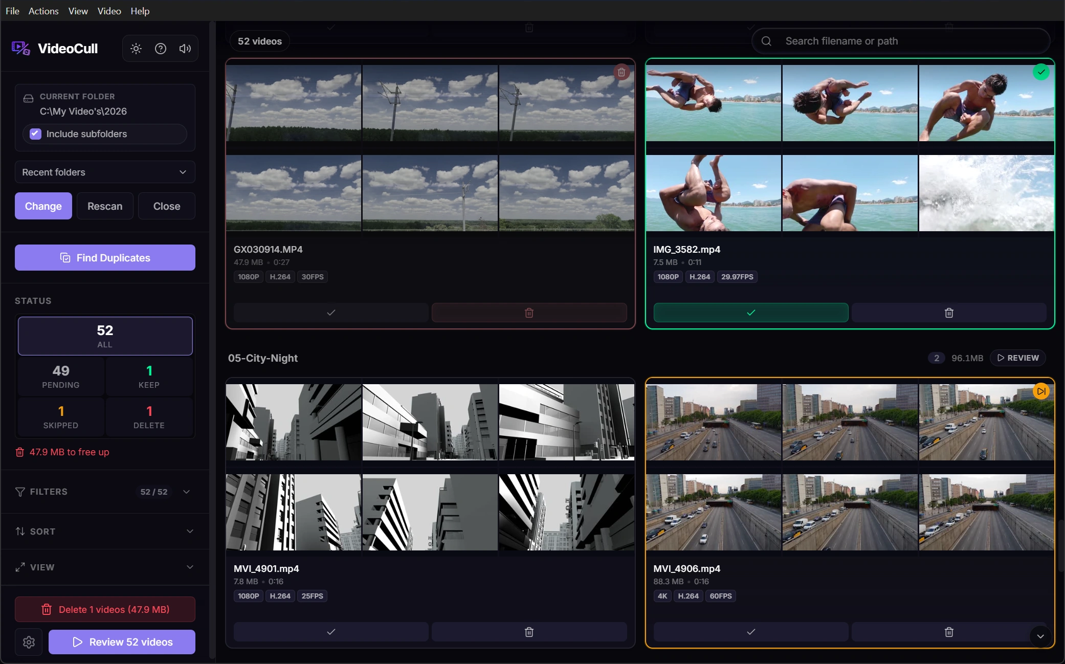 VideoCull grid with camera clips marked Keep, Delete, and Skip alongside pending videos